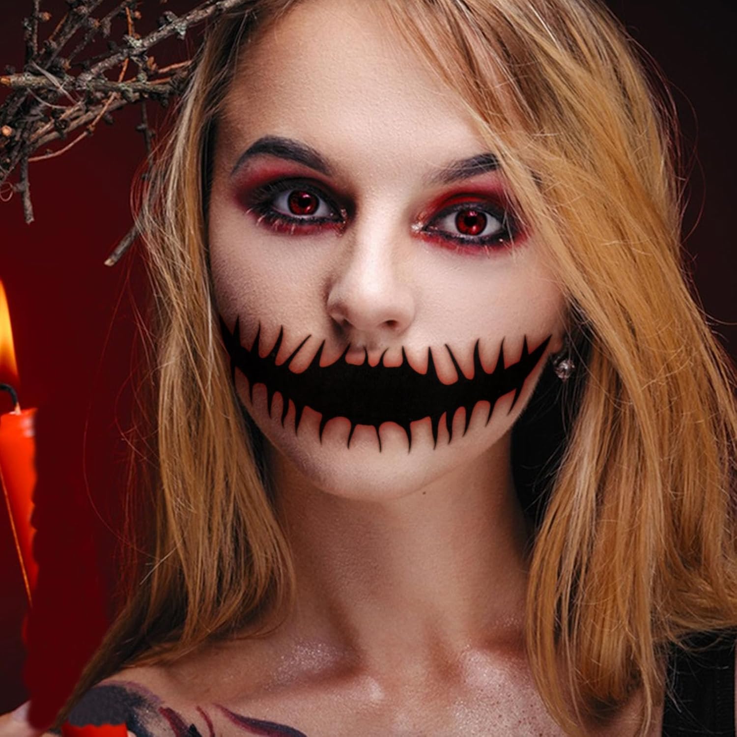 16 piezas de tatuajes temporales de maquillaje de broma de Halloween para adultos, payaso de terror, boca de terror, calcomanías para Halloween,