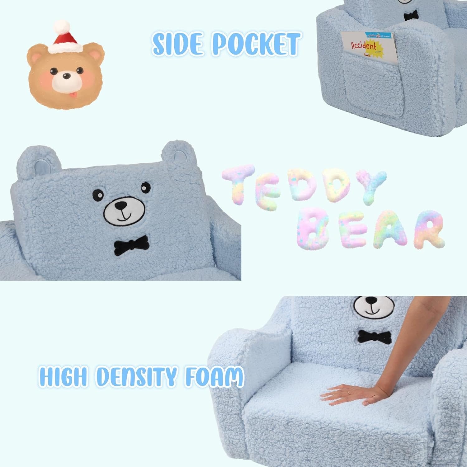 Sillas infantiles para niños pequeños, sofá de sherpa suave 2 en 1 plegable, sofá convertible a tumbona para niñas y niños, oso de peluche, color