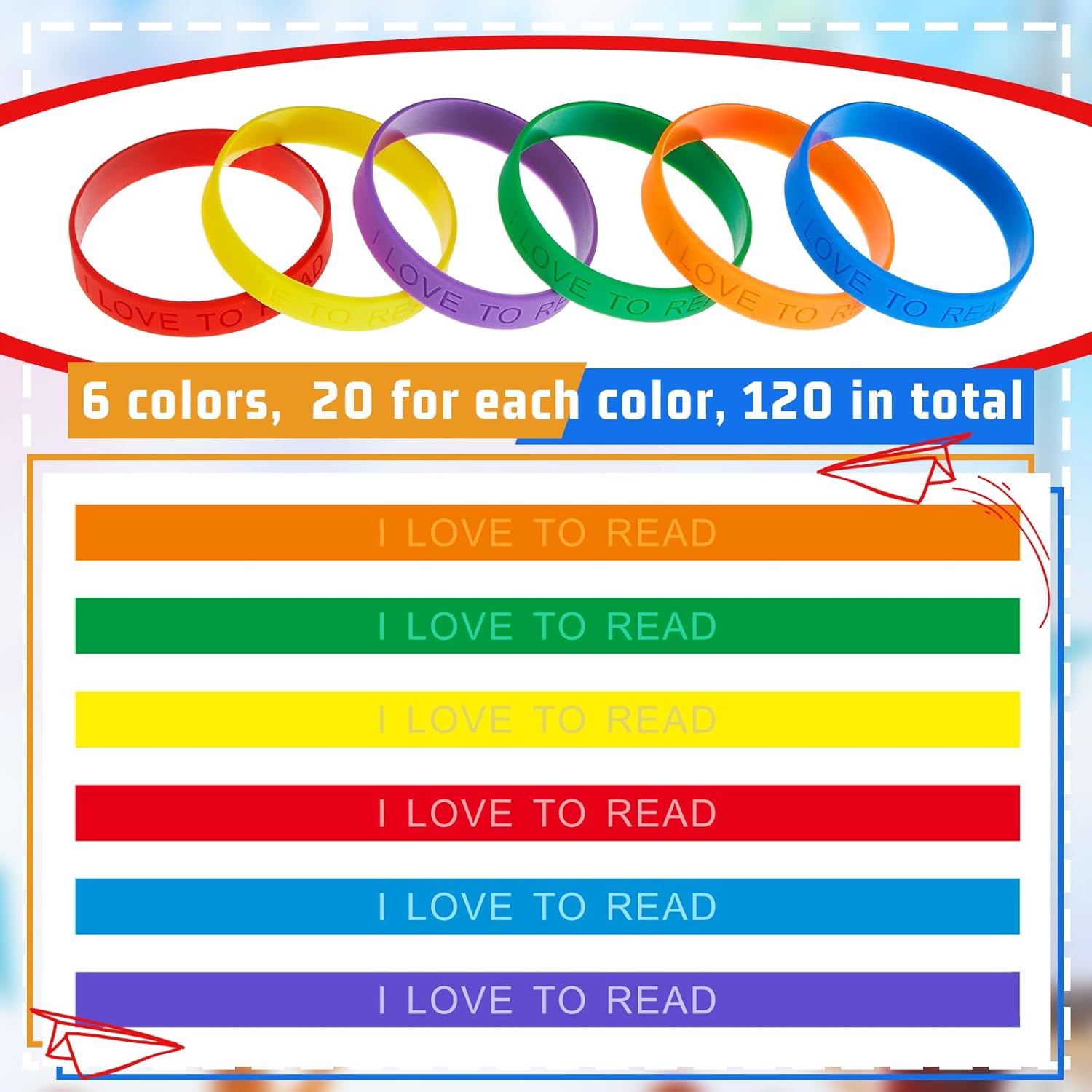 Jutom Pulsera de goma motivacional con texto en inglés “I Love to Read”, pulseras motivacionales coloridas, pulseras de silicona vital, pulseras