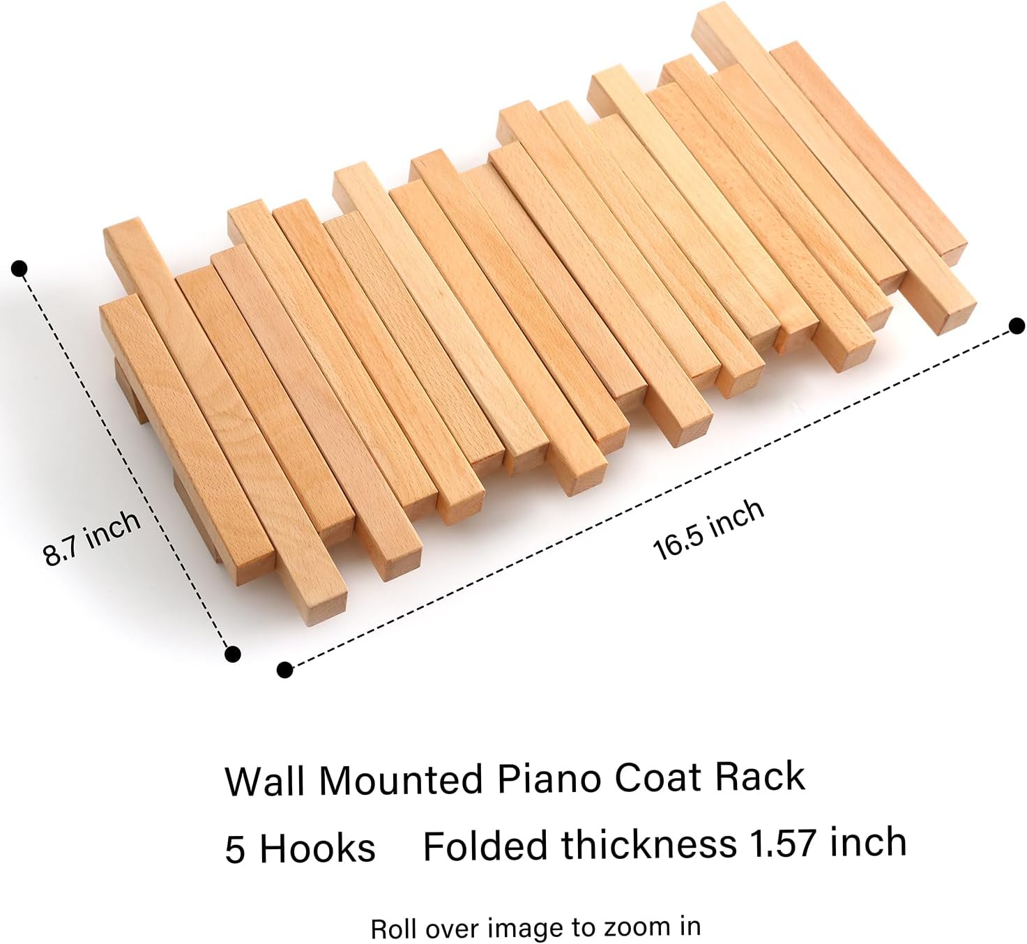 Perchero de madera natural para piano de pared  Perchero de pared  Perchero de pared abatible con 5 ganchos  Almacenamiento de pared de entrada con