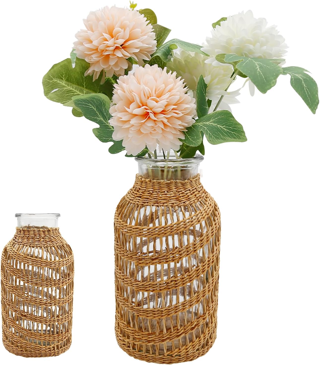 Florero rústico bohemio con botella de vidrio con red de cuerda, florero con cubierta de ratán, florero de flores de granja con decoración redonda