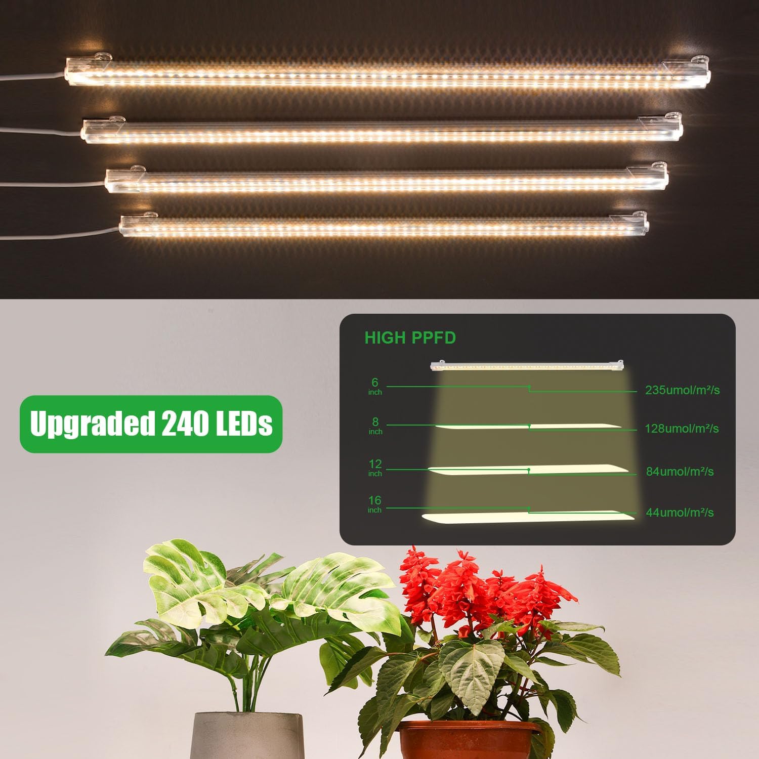 Tira de luces LED de cultivo para plantas de interior, luz de espectro completo con temporizador de 3912H y 10 regulables, barra de lámpara de