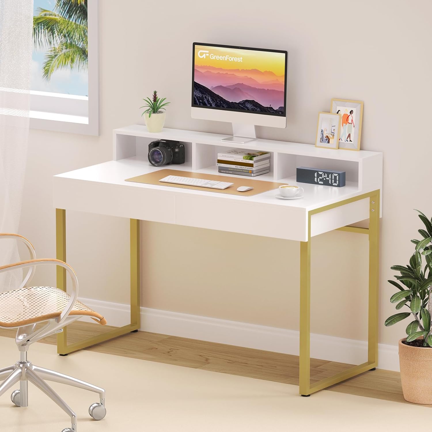 GreenForest Escritorio de tocador con 2 cajones, pequeño escritorio blanco de 39.4 pulgadas con 3 espacios de almacenamiento, moderno escritorio de