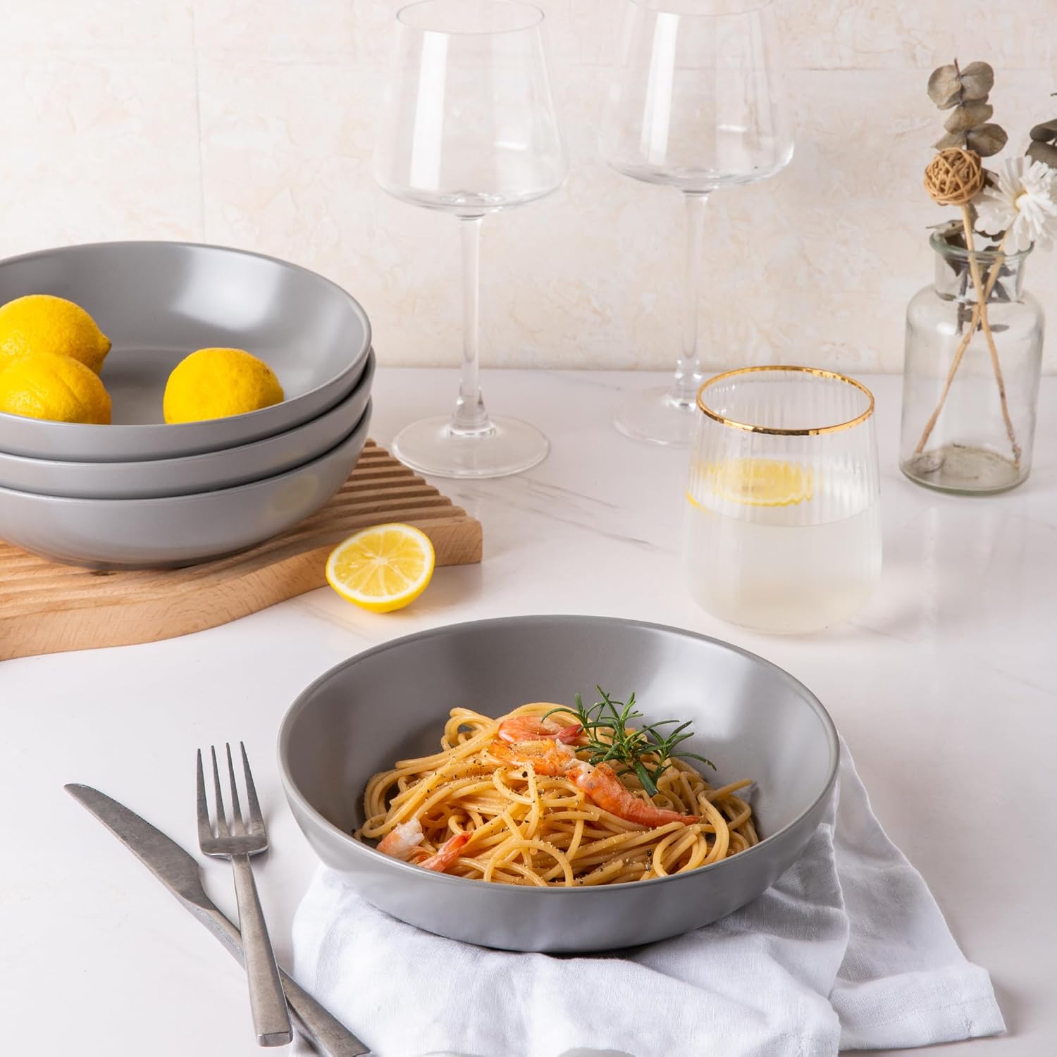 AmorArc Juego de 6 cuencos de cerámica para pasta de 8.5 pulgadas, cuencos grandes de 32 onzas para cocina, cuencos anchos para pasta, ensalada,