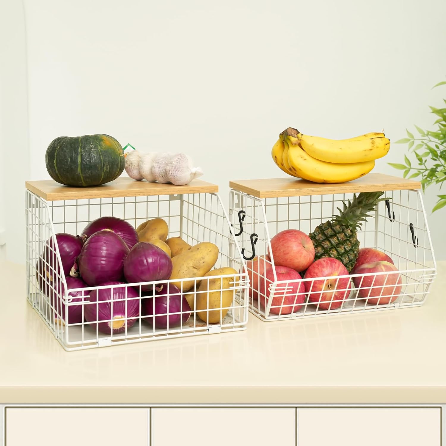 Mefirt Frutero blanco, cesta de frutas de 2 niveles para encimera de cocina, almacenamiento de frutas apilable montado en la pared, organizador de