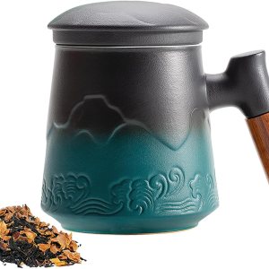 ZENS Taza de té con infusor y tapa, taza de té de cerámica con mango de palisandro, taza de té de hojas sueltas de 15.2 onzas para regalos, negro y ZENS Taza de té con infusor y tapa, taza de té de cerámica con mango de palisandro, taza de té de hojas sueltas de 15.2 onzas para regalos, negro y