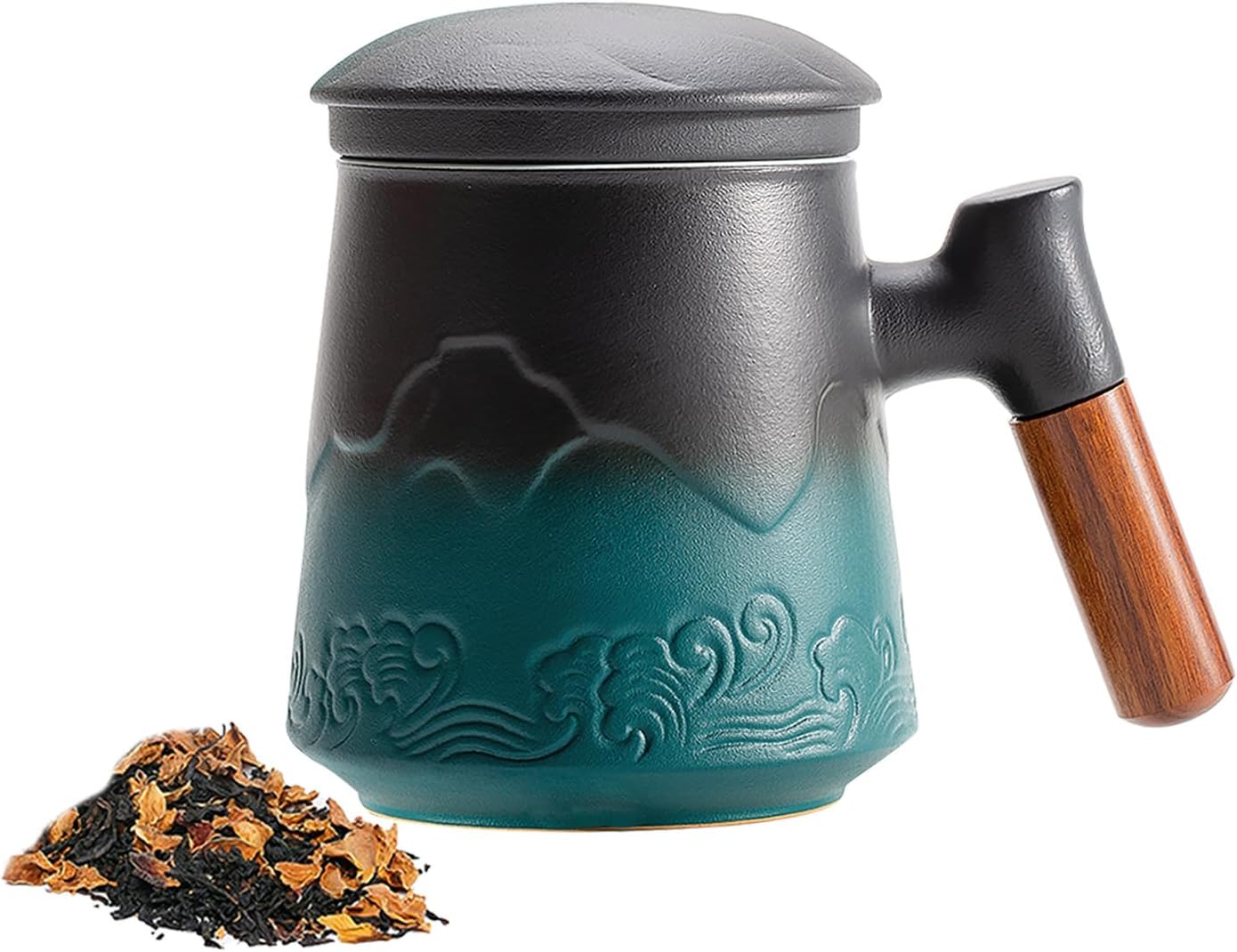 ZENS Taza de té con infusor y tapa, taza de té de cerámica con mango de palisandro, taza de té de hojas sueltas de 15.2 onzas para regalos, negro y