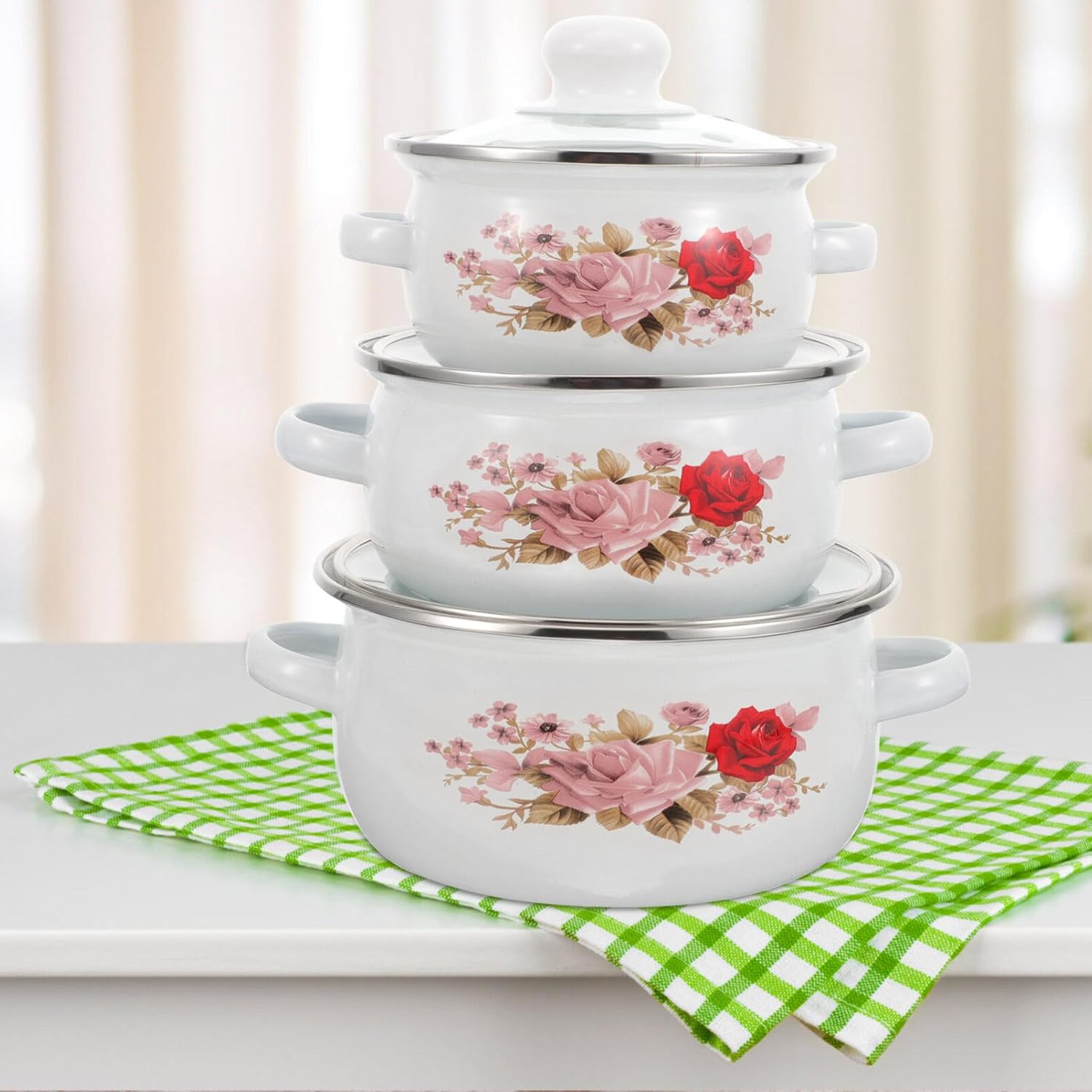 HEMOTON Utensilios de cocina esmaltados para camping, paquete de 3 ollas antiadherentes con tapa, olla de sopa esmaltada con asas que se mantienen