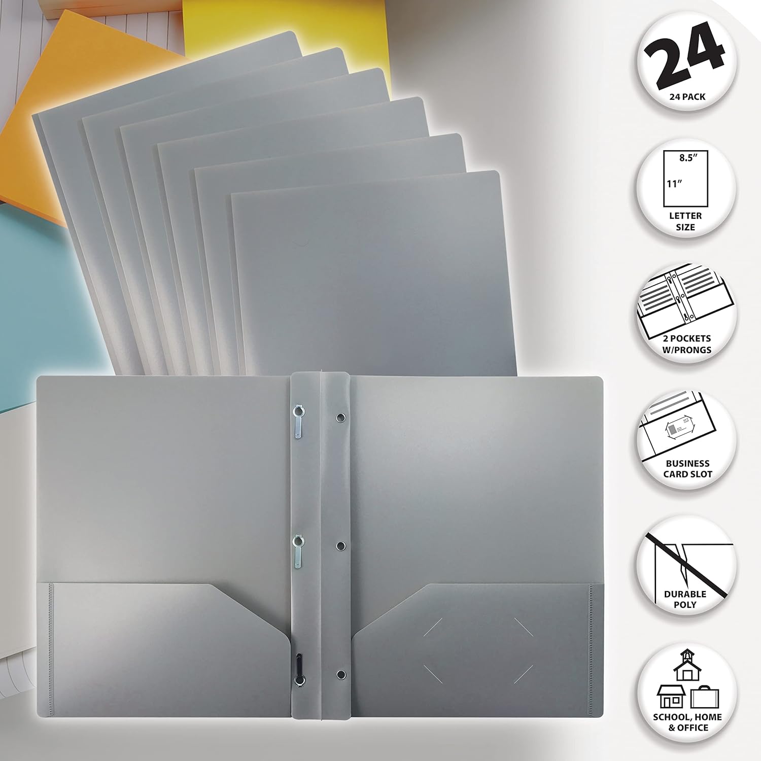 Better Office Products Carpetas de plástico gris con 2 bolsillos, 24 unidades, pesadas, tamaño carta, carpetas de polietileno con 3 pinzas de