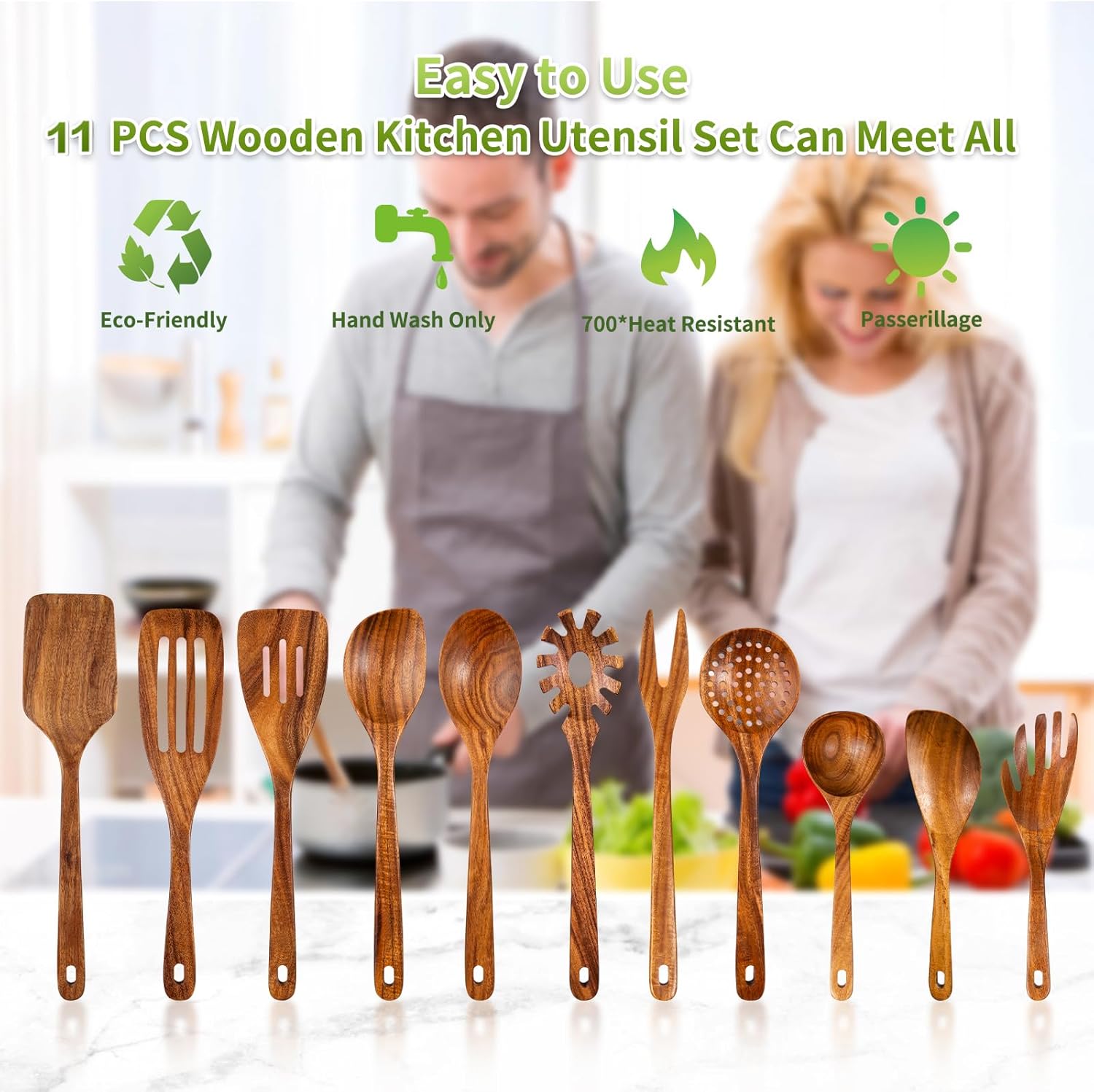 GUDAMAYE Cucharas de madera para cocinar, juego de utensilios de cocina de madera, utensilios de cocina de madera, cucharas de madera de teca