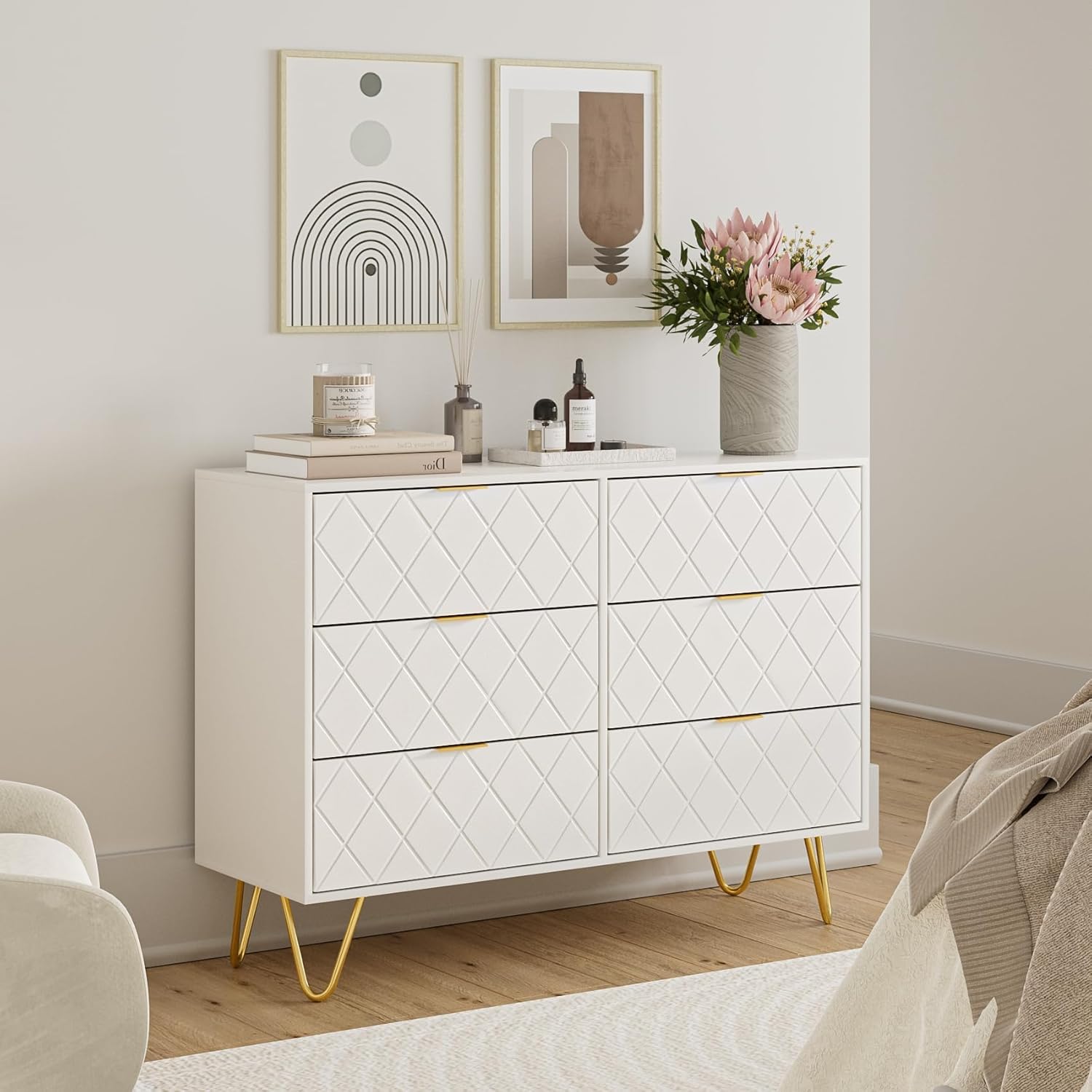 Masupu Cómoda de 6 cajones, moderna cajonera, cómoda de almacenamiento ancha con patas de metal, cómoda para dormitorio, sala de estar, armario,