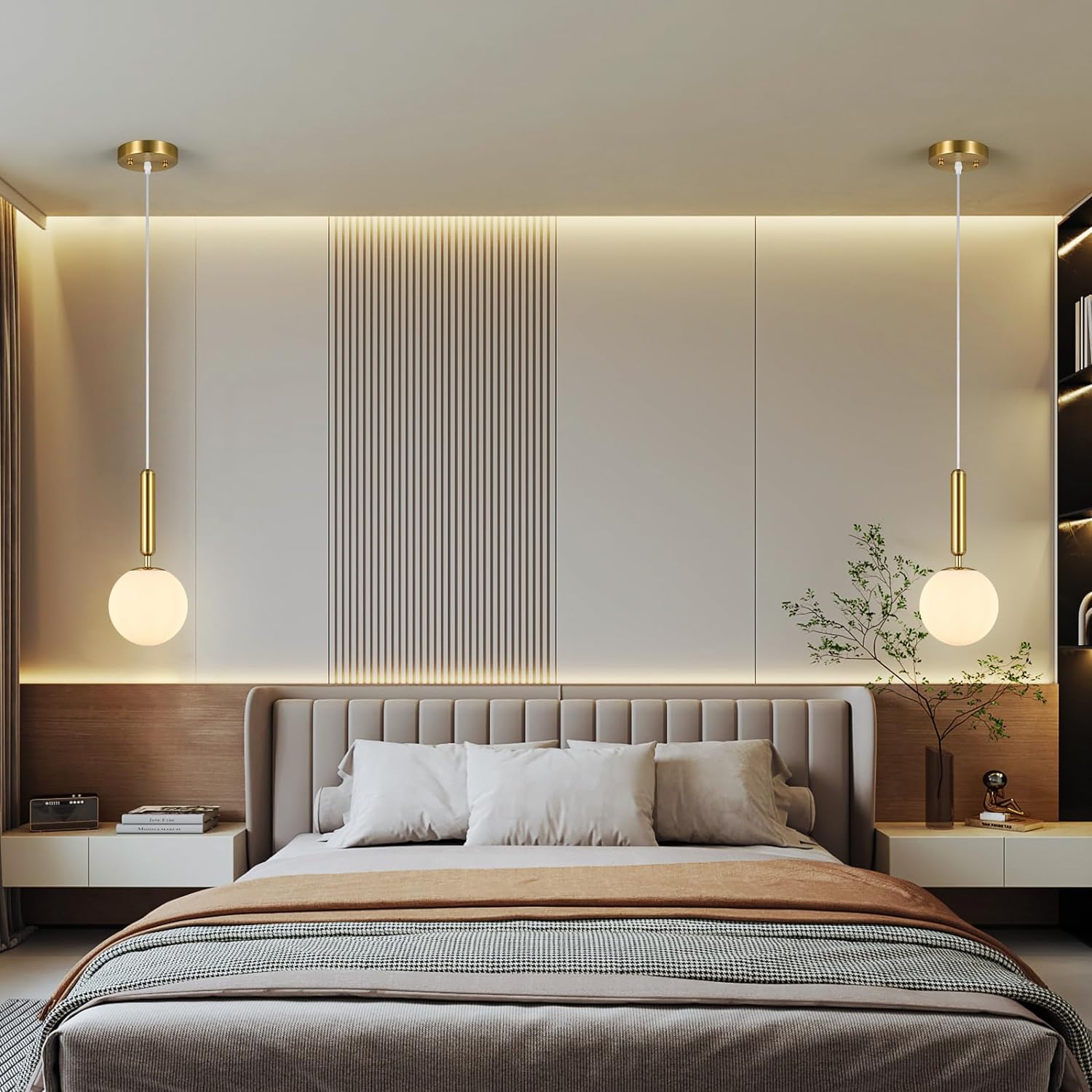 FDPBY Lámpara colgante moderna para isla de cocina, luces colgantes doradas de mediados de siglo con globo blanco lechoso para dormitorio, baño,
