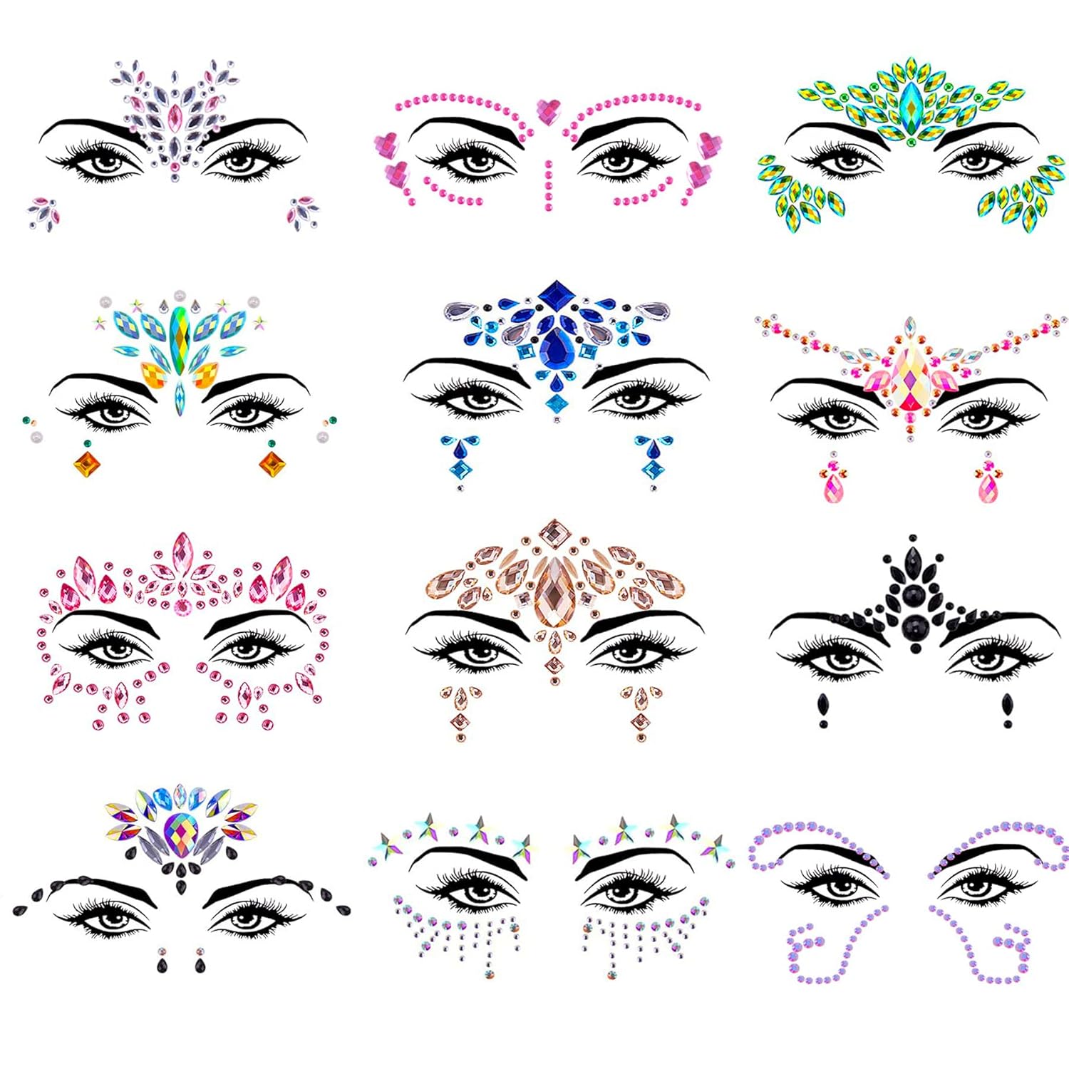 12 juegos de joyas para la cara, diamantes de imitación de sirena para tatuajes temporales, joyas corporales, calcomanías de cristal, gemas faciales