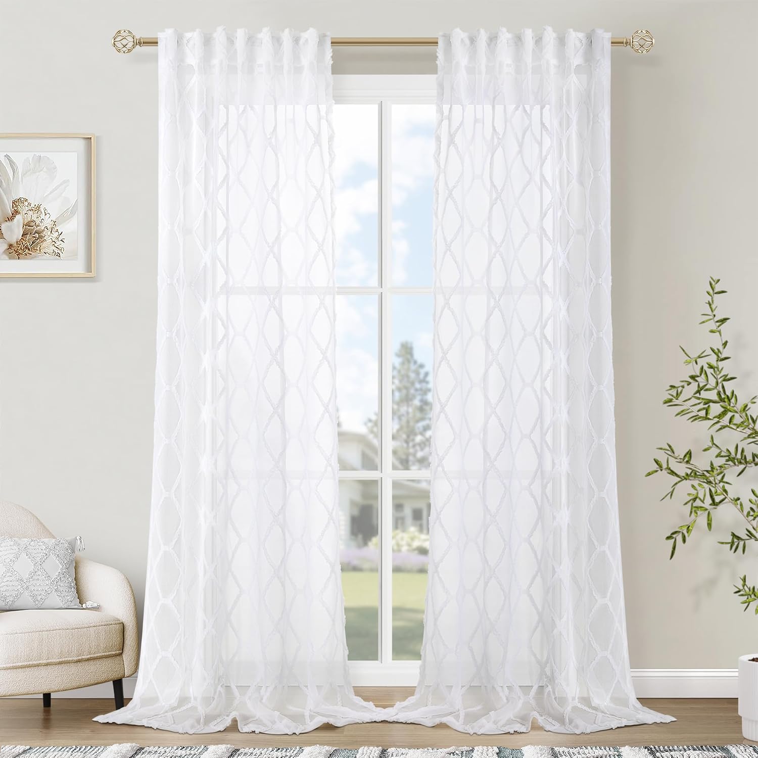 2 paneles de cortinas traslúcidas blancas de 84 pulgadas de largo para sala de estar, pestañas traseras, cortinas traslúcidas texturizadas con