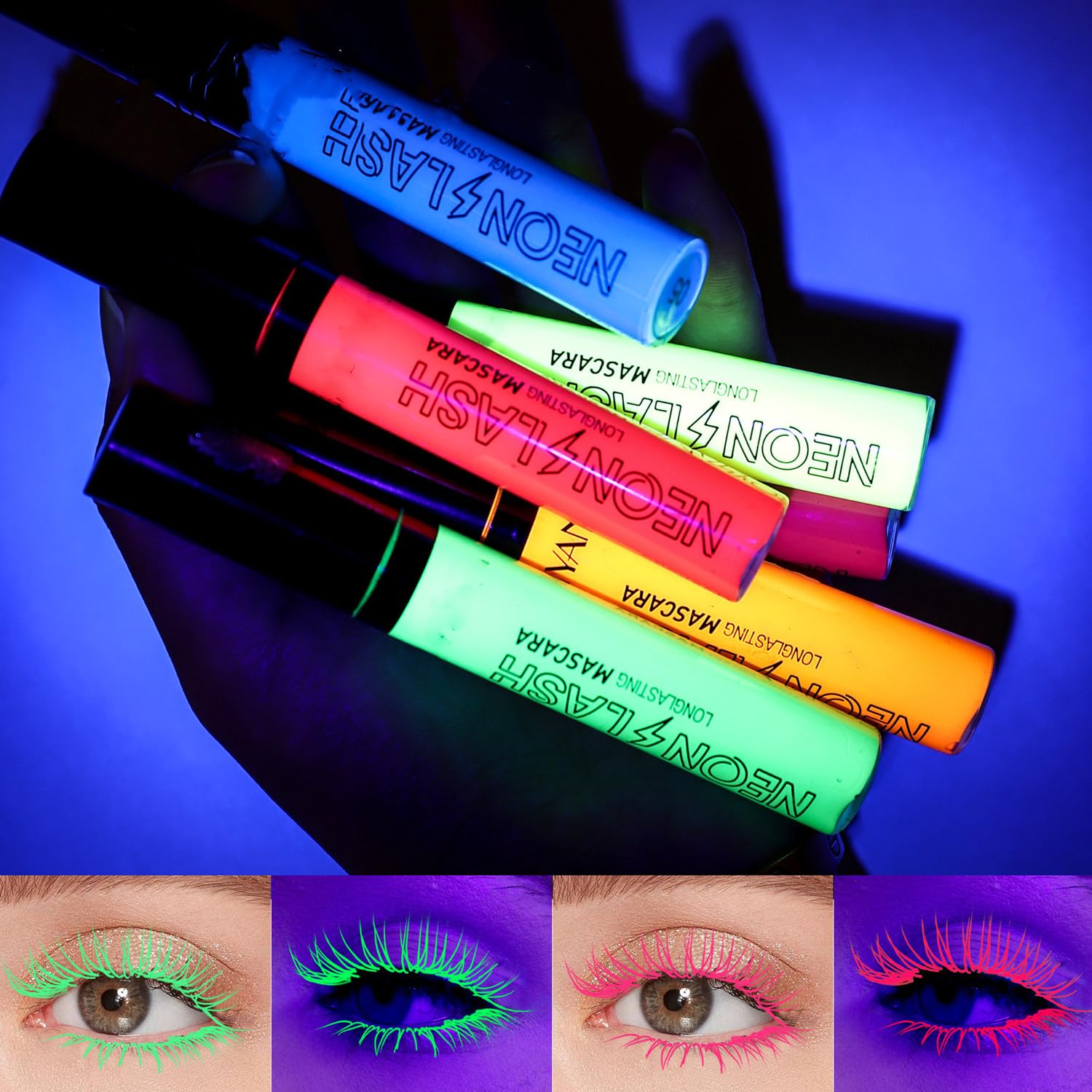 MAEPEOR Máscara de pestañas de neón de 6 colores, resistente al agua y a las manchas, para uso diario y Halloween Navidad (color 05)