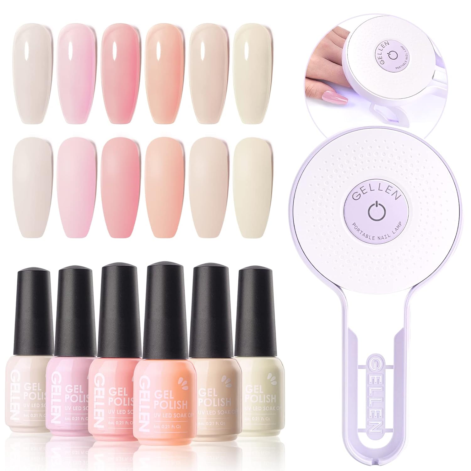Gellen Kit de esmalte de uñas de gel, 6 colores, juego de esmalte de uñas de gel transparente lechoso con lámpara de uñas de 36 W, kit de iniciación