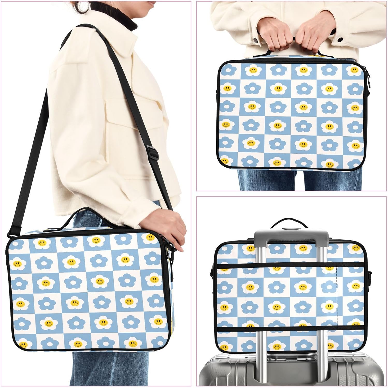 Retro Checker Board Groovy Flower Smiling cosmetic bag purse bags for traveling make up bags makeup travel bag bolsos de maquillaje para viajar men