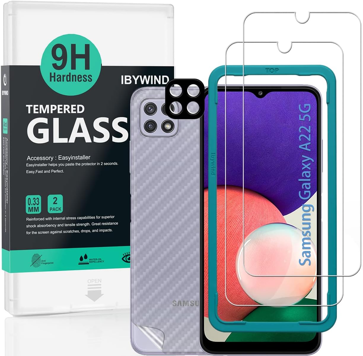 Ibywind Protector de pantalla para SamSung Galaxy A22 5G (6.6 pulgadas), con 2 piezas de vidrio templado, 1 protector de lente de cámara, 1 película