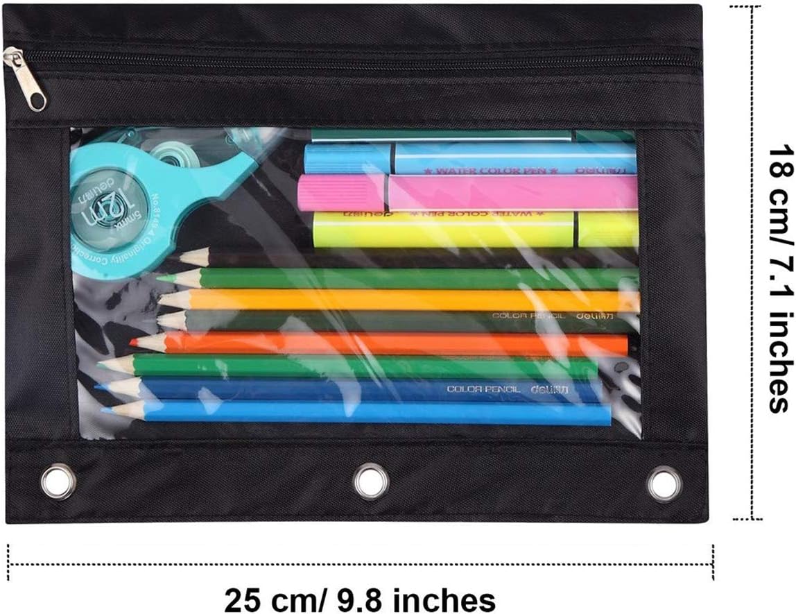 Estuche para lápices con 3 anillas, con cremallera, estuche para cosméticos, color negro, paquete de 2