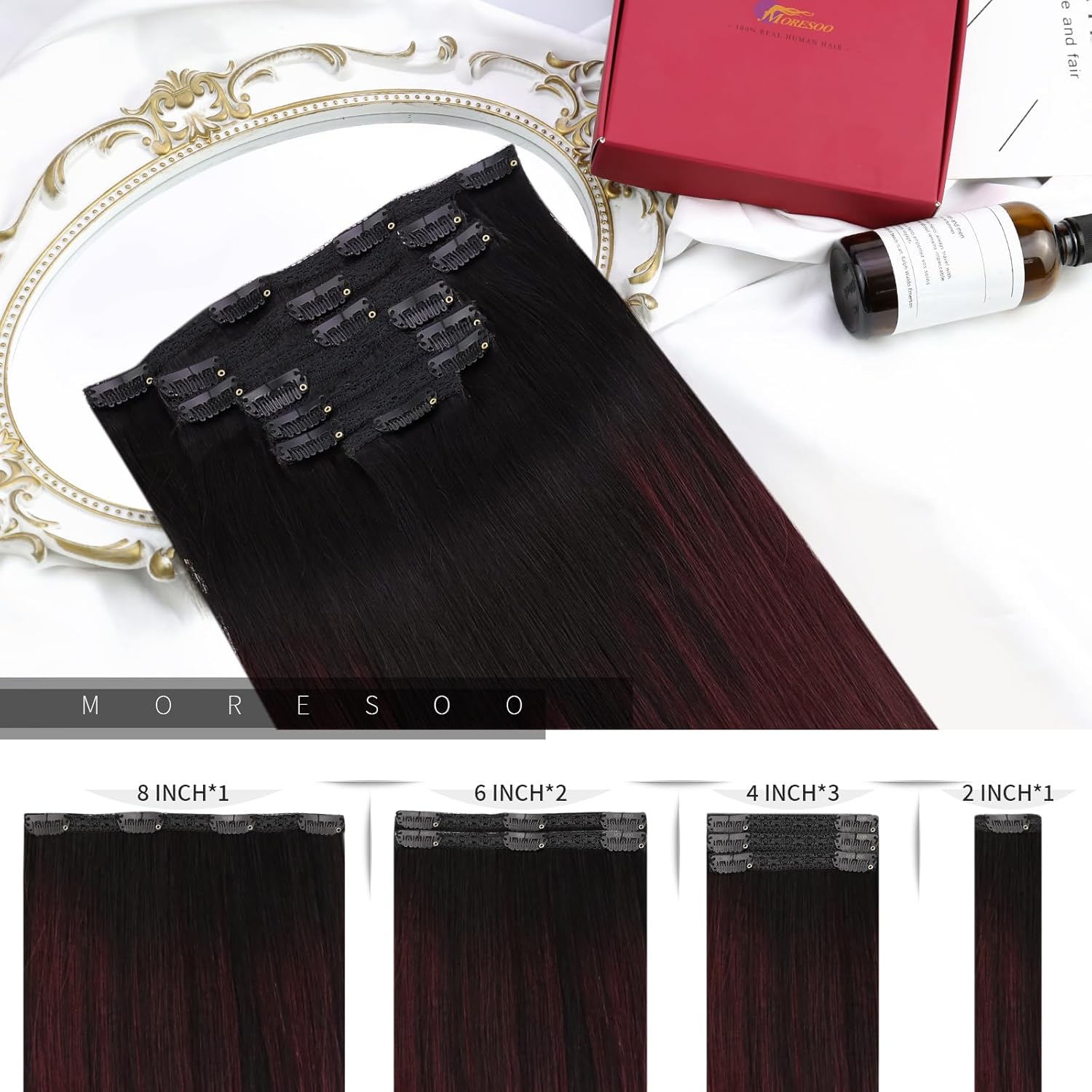 Moresoo Extensiones de cabello humano real con clip, balayage, color negro a vino tinto, extensiones de cabello humano con clip de doble trama, 7
