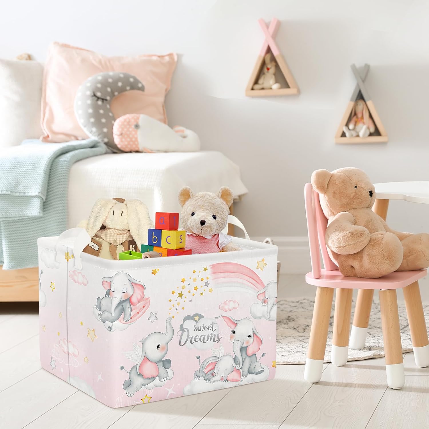 Clastyle Cesta de almacenamiento rectangular de elefantes durmientes, color rosa, arcoíris, para niñas, con nube, luna, baby shower, ropa para
