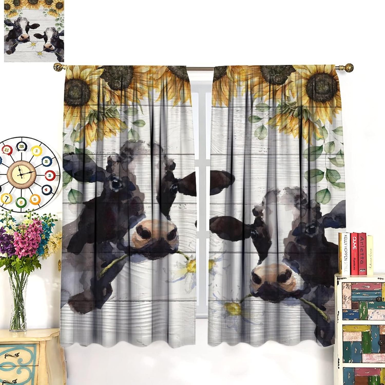 Cortinas de ventana de vaca, divertidas cortinas de granja, vacas, animales, vacas, flores, girasol, oscurecimiento de habitación, ventana, ventana,
