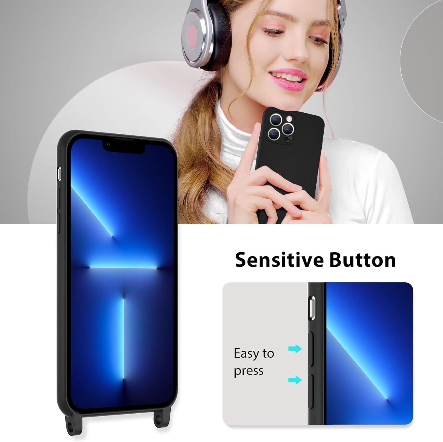 UEEBAI Funda de teléfono con cordón cruzado para iPhone 15 Pro Max de 6.7 pulgadas, funda de teléfono de silicona con correa ajustable para collar,