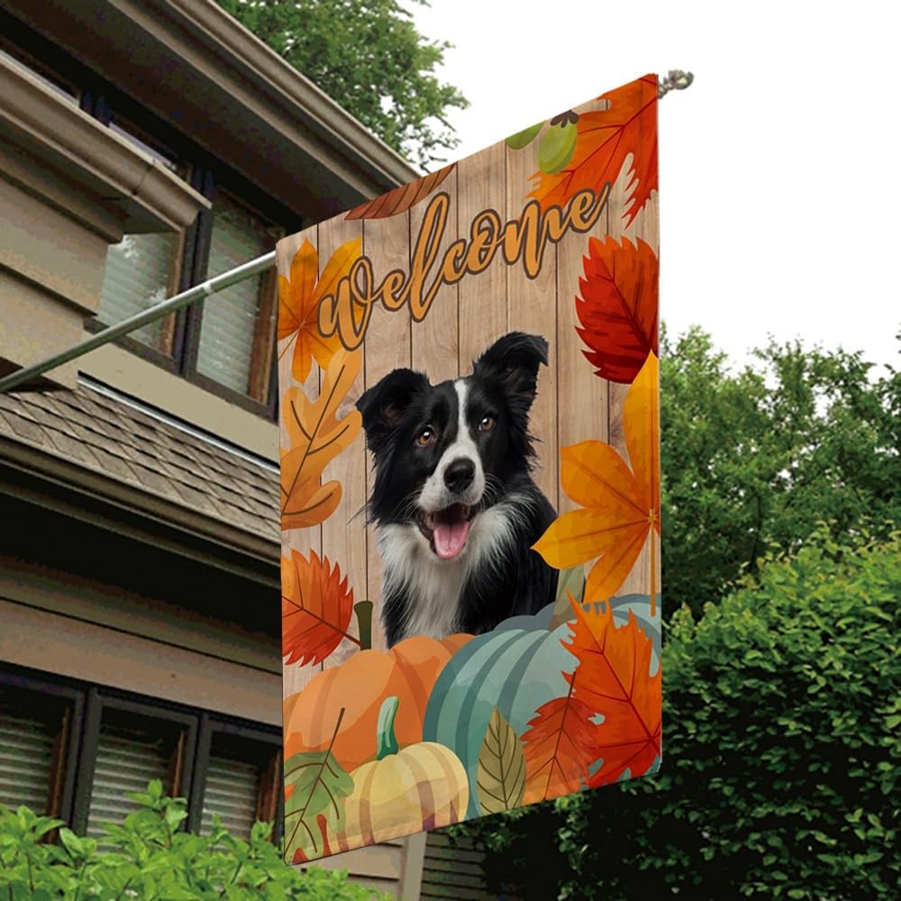 Bandera de bienvenida para otoño, decoración de perro, bandera de casa Shih Tzu, hojas de arce, calabazas, bandera de cosecha para patio al aire