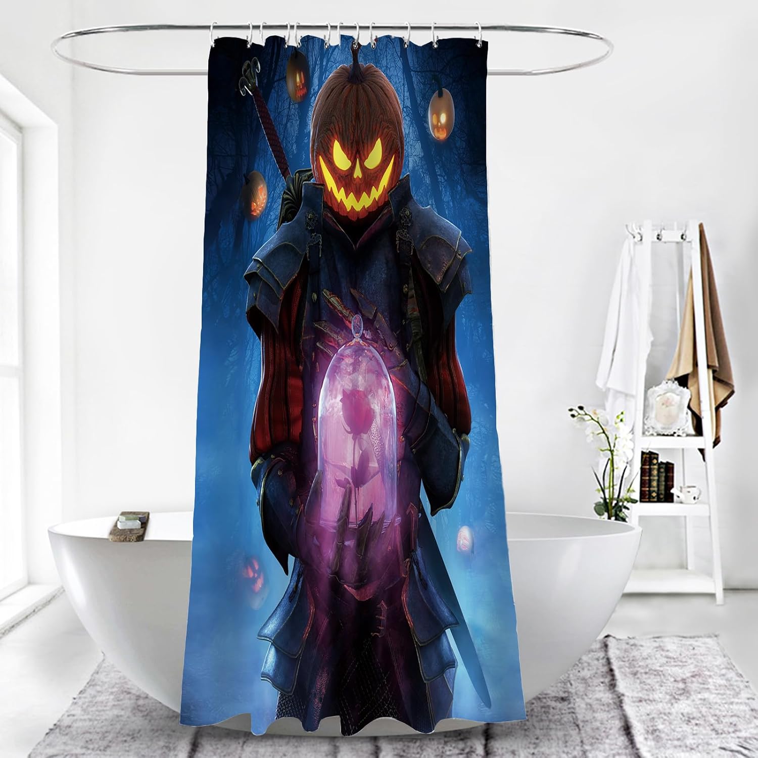 Cortina de ducha con diseño de caballero de calabaza, 72 x 72 pulgadas, diseño de caballero con forma de rosa en bosque brumoso, decoración de baño,