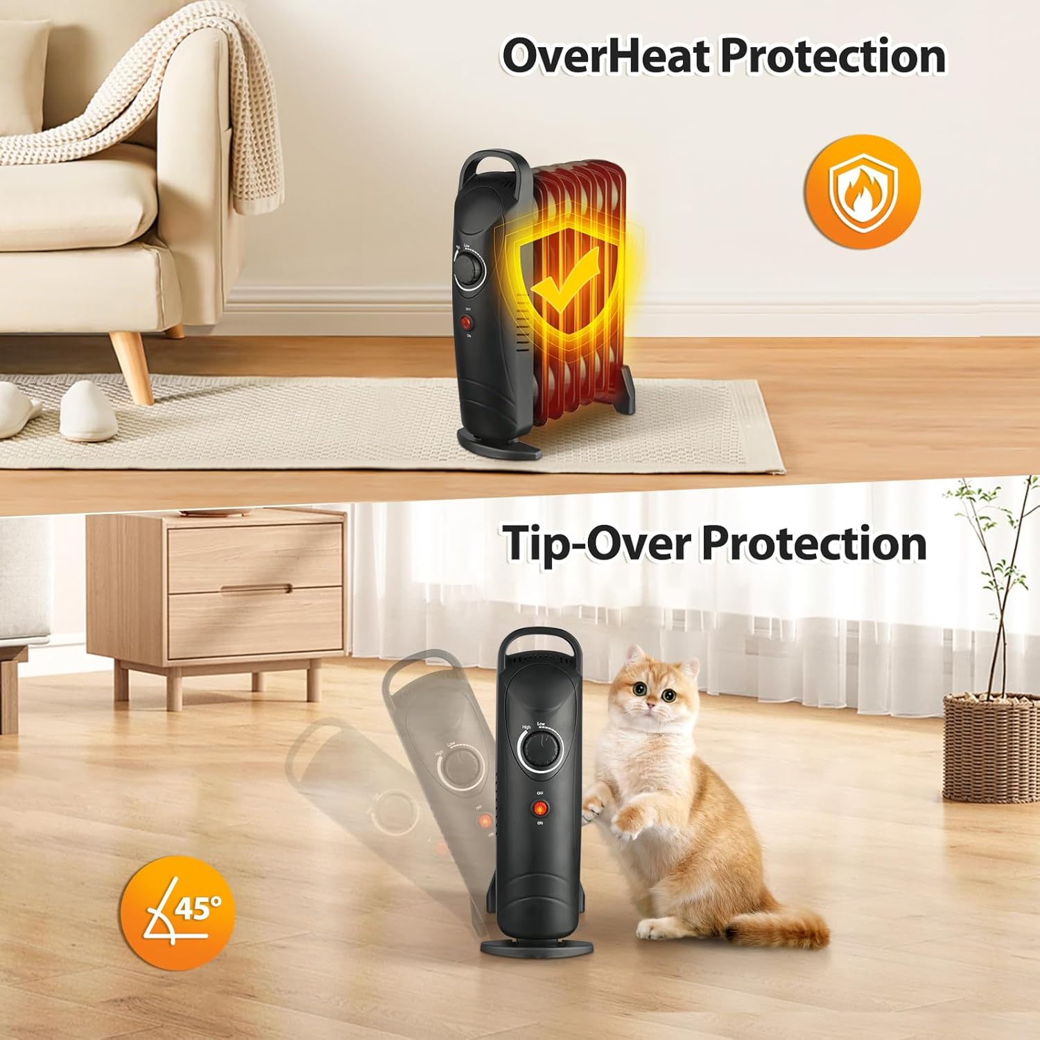 LifePlus Calentador lleno de aceite, calentador de espacio radiante portátil de 700 W con termostato ajustable, calentador eléctrico pequeño