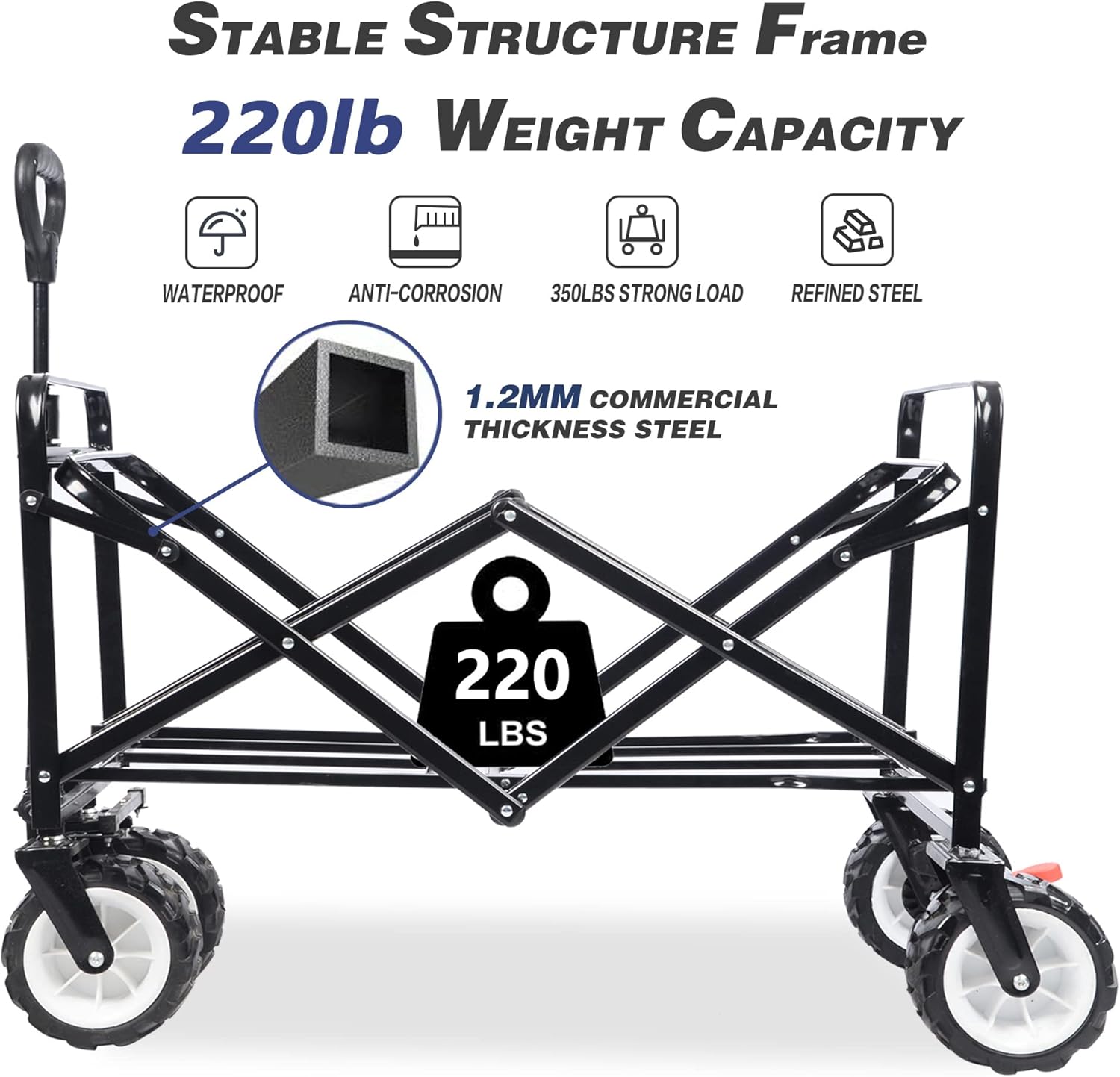 Carrito plegable todo terreno con ruedas grandes, capacidad de 350 libras, resistente, ampliado, plegable, para playa, jardín, con freno y mango