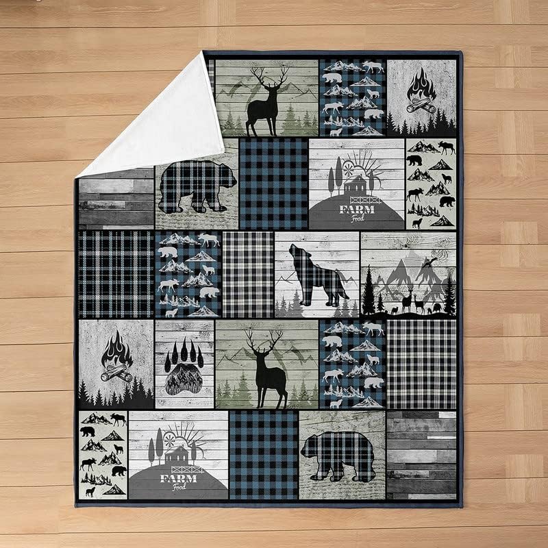 Feelyou Wildlife – Juego de manta de franela de vellón rústico occidental con oso y ciervo, para sofá, ropa de cama de búfalo azul y gris para todas