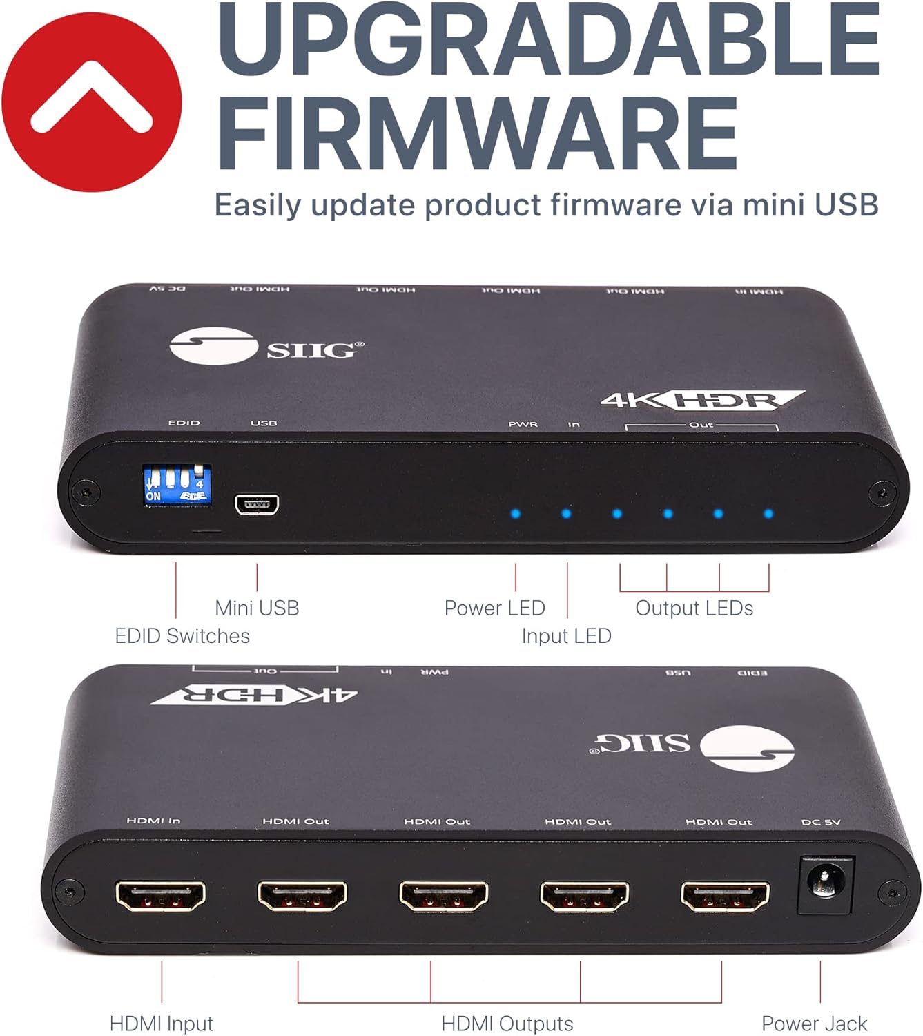 SIIG Divisor HDR 1×4 HDMI 4K 60Hz con gestión EDID  YUV 444 8 bits  YUV 420 10bit  HDMI 2.0, HDCP 2.2, 18Gbps  Escalado automático, bajo calor, en