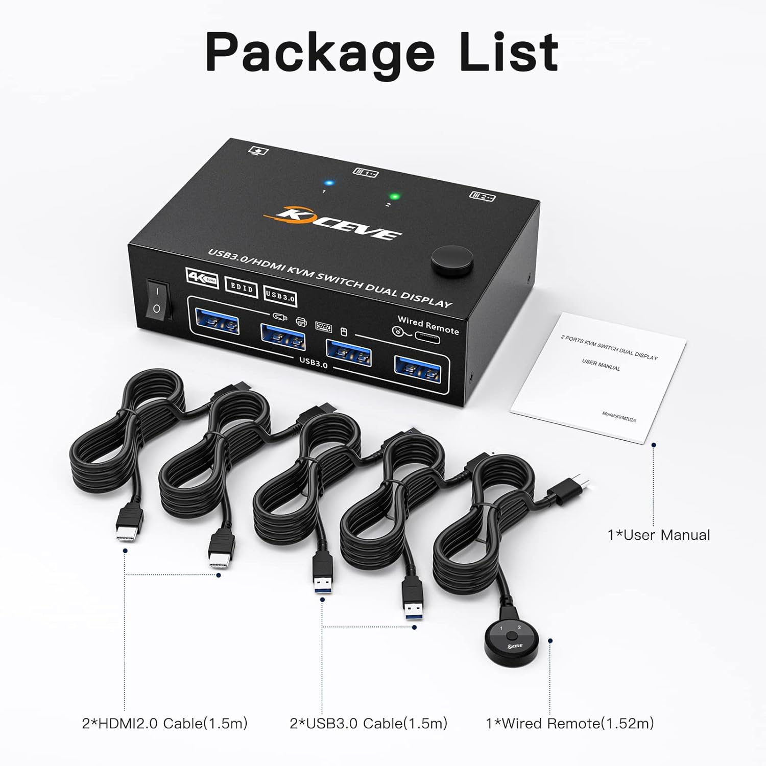 Interruptor KVM USB 3.0 HDMI Dual Monitor, Conmutador de pantalla extendida HDMI USB para 2 computadoras, 2 monitores y 4 puertos USB 3.0, con