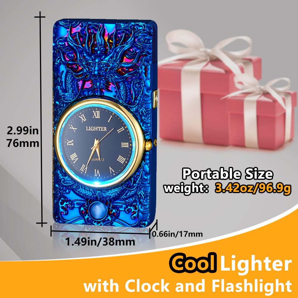 Faro de reloj, encendedor eléctrico, encendedor de plasma de doble arco, encendedor USB recargable con pantalla de batería, encendedor fresco con