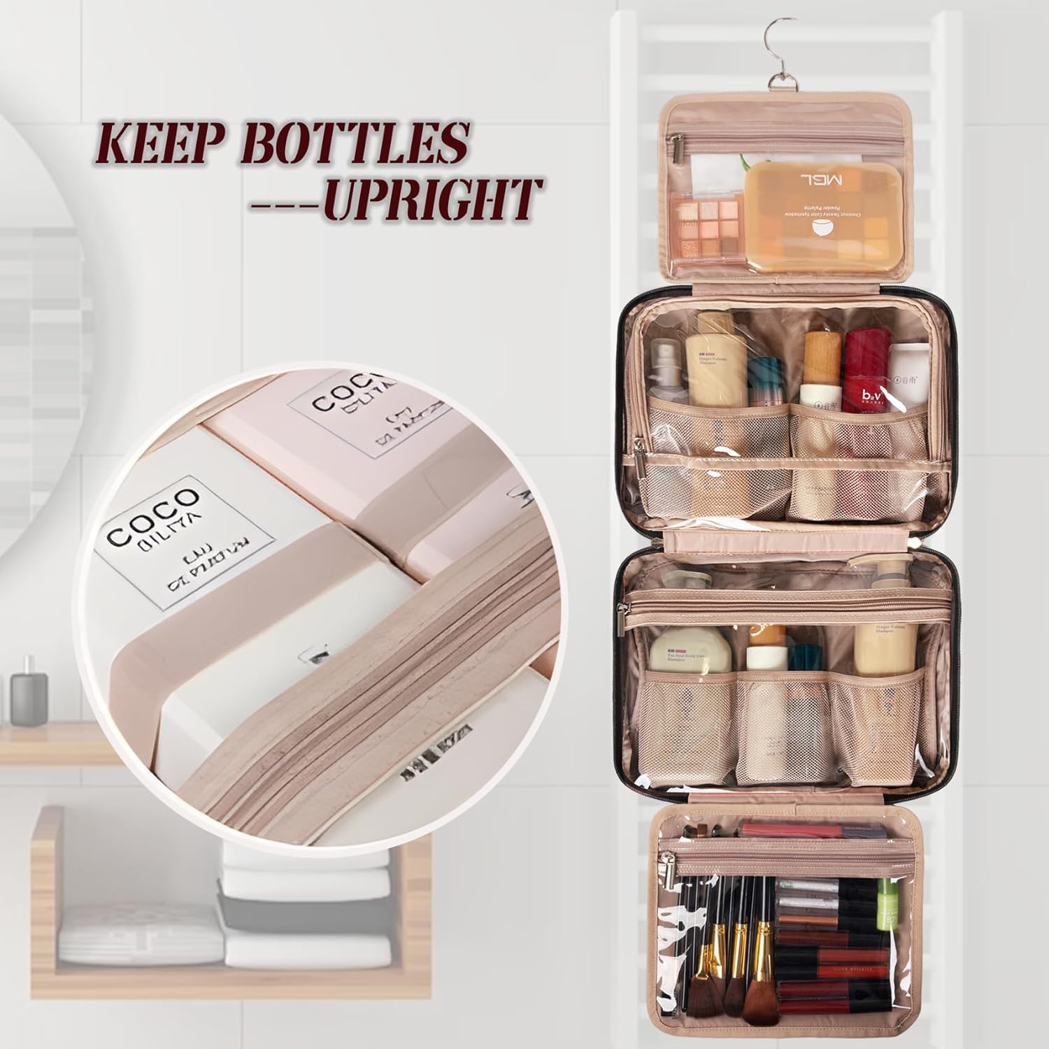 BAFAMYE Neceser de viaje para mujer, resistente al agua, bolsa de cosméticos para maquillaje, contenedor de tamaño completo con gancho para colgar
