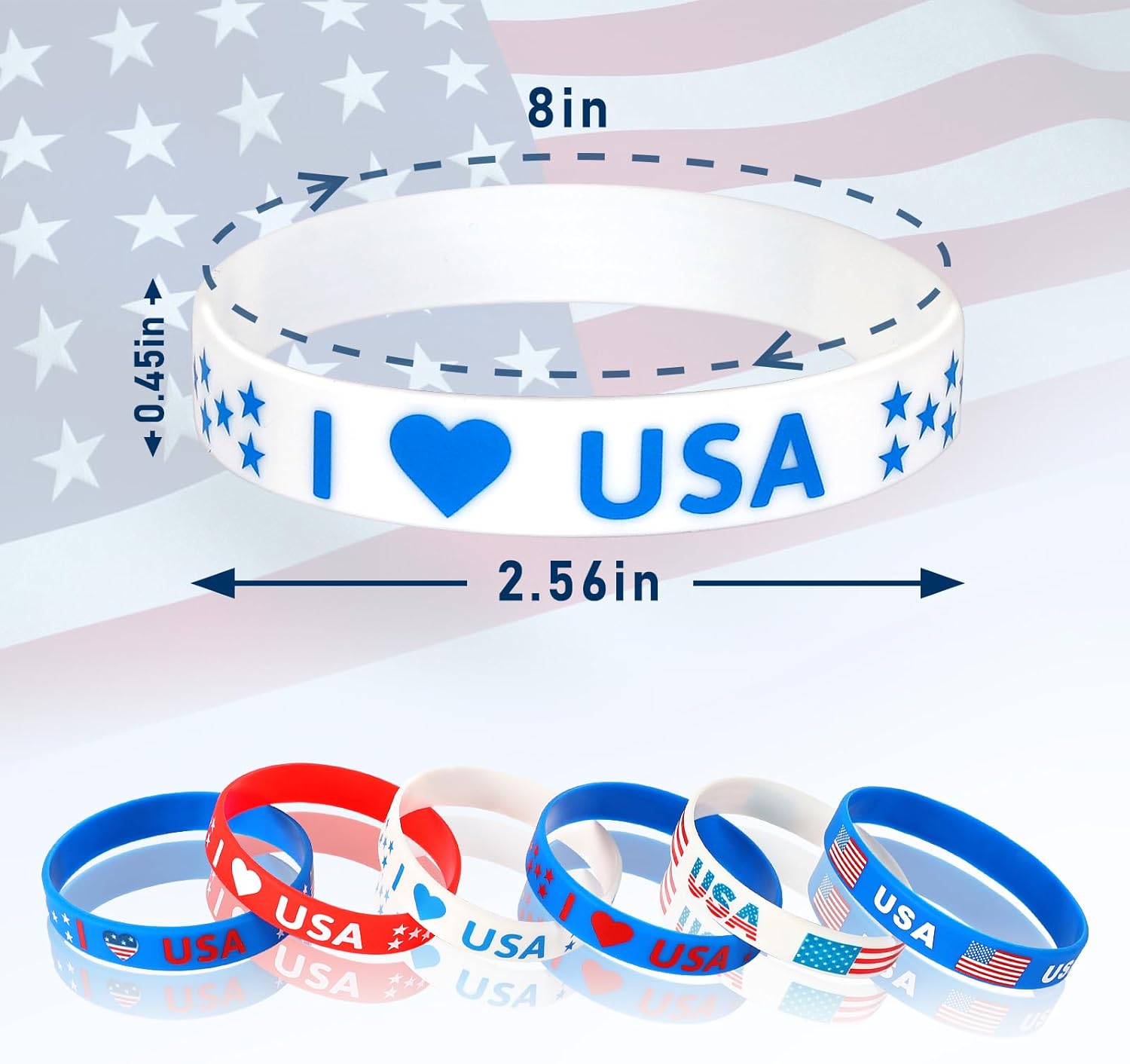 JUNEBRUSHS 24 pulseras de silicona para fiestas del 4 de julio, con bandera estadounidense, color rojo, blanco y azul, para fiestas patrióticas del