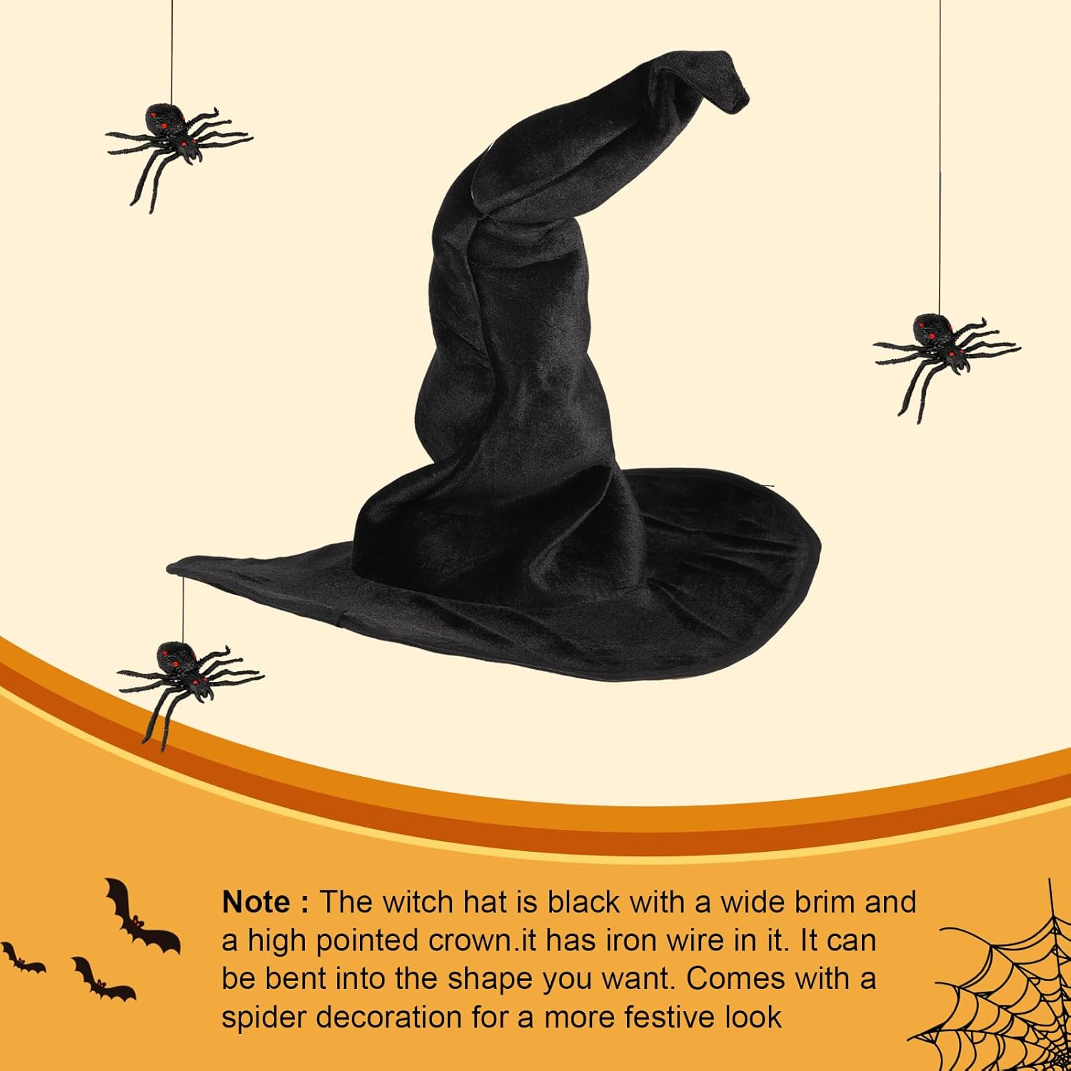 Geyoga Sombrero de bruja de araña de Halloween para mujer con 2 piezas de arañas negras de Halloween para fiesta de máscaras, cosplay, accesorio de