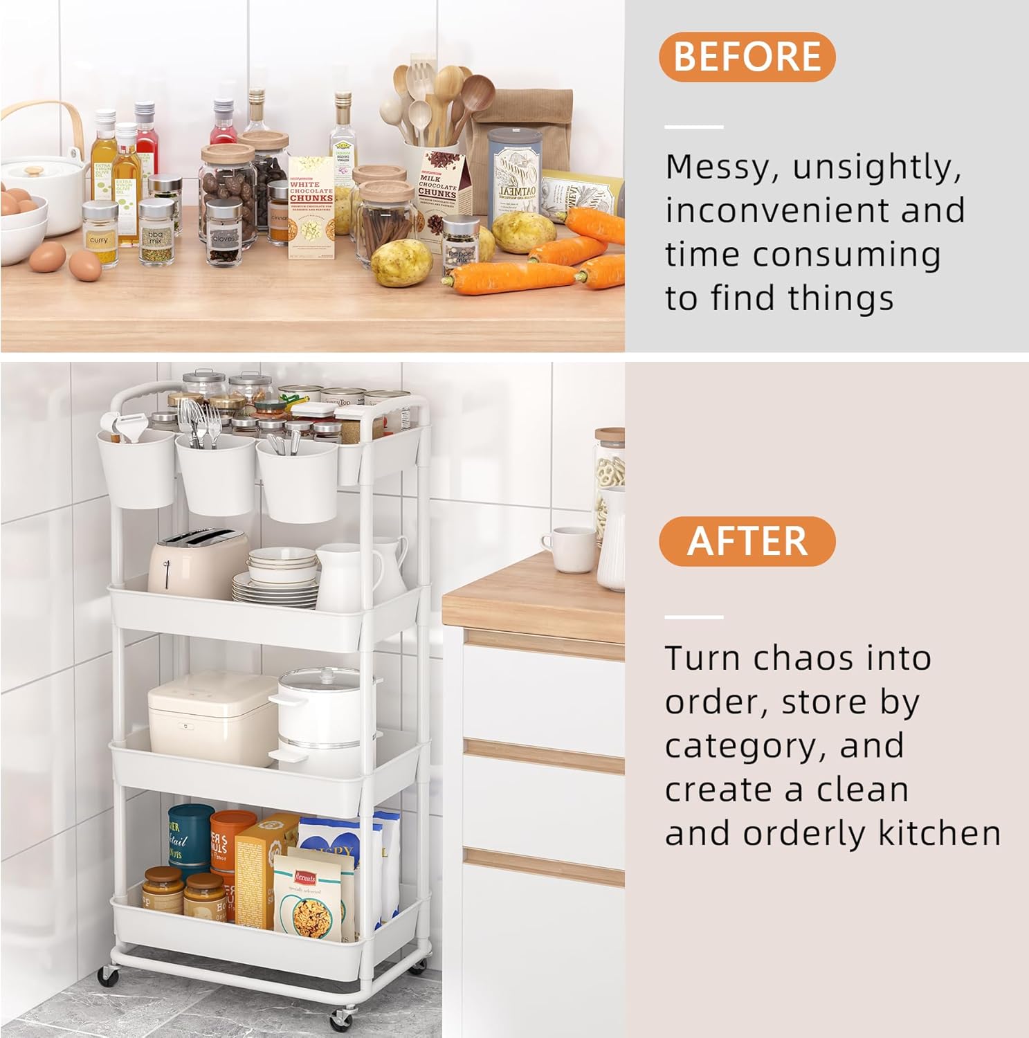 JIUYOTREE Carrito de almacenamiento de plástico de 4 niveles con asas de tazas colgantes adicionales, ruedas bloqueables para sala de estar, baño,