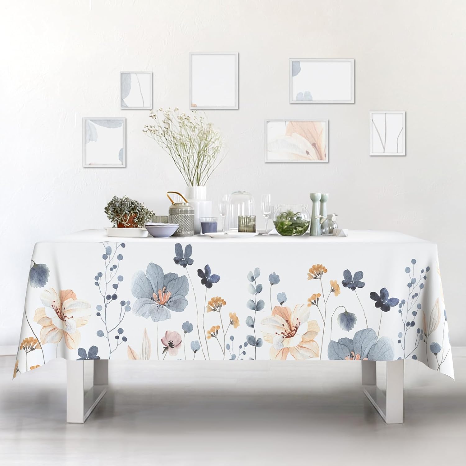 Blue Beige Flowers Fabric Waterproof Tablecloth,Rectangle Watercolor Wrinkle Oil-Proof Resistant Table Cover for Dining Table, Modern Minimalist
