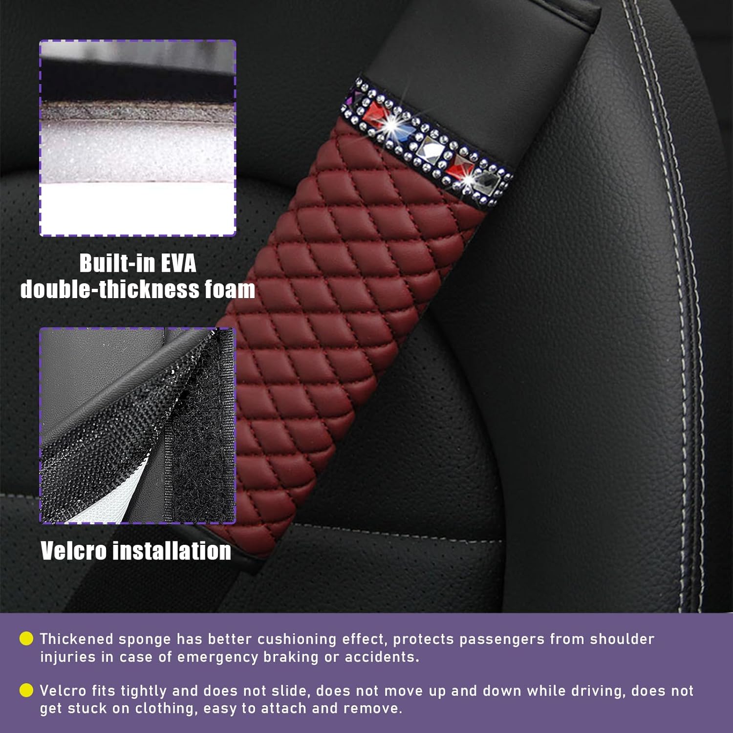 Ziciner 2 fundas de cuero para cinturón de seguridad, fundas para cinturón de seguridad con diamantes de imitación brillantes para mujer,