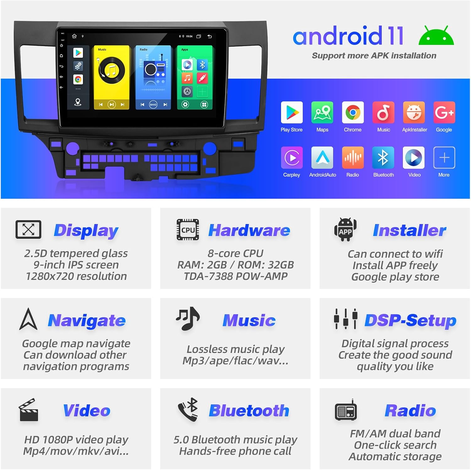 Pantalla táctil para radio Android Lancer 2008-2017 compatible con Carplay Android Auto, radio de coche estéreo Bluetooth navegación reproductor