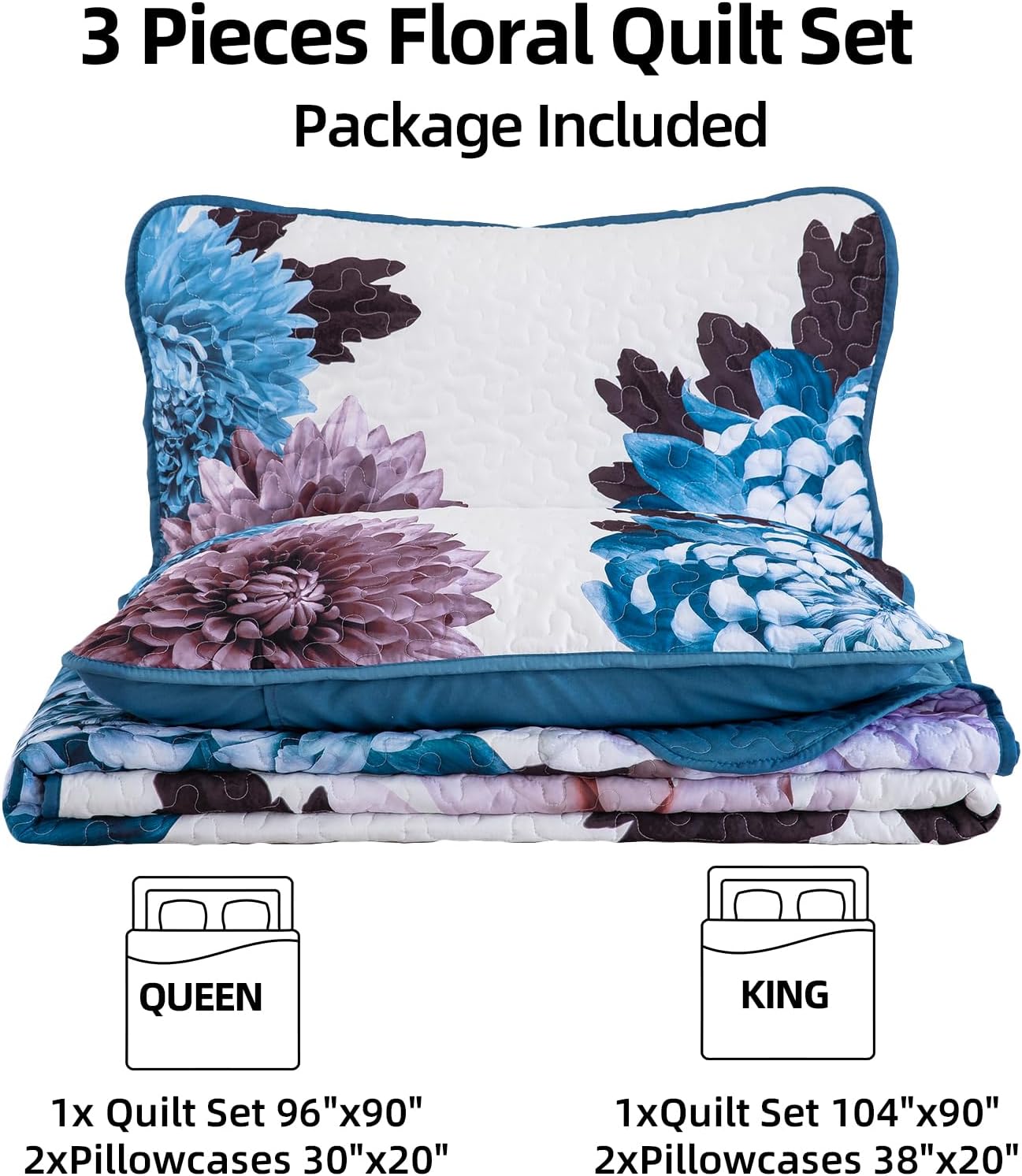 Dintszyayue Juego de edredón floral tamaño King, juego de edredón de 3 piezas con flores azules con 2 fundas de almohada, colcha de microfibra