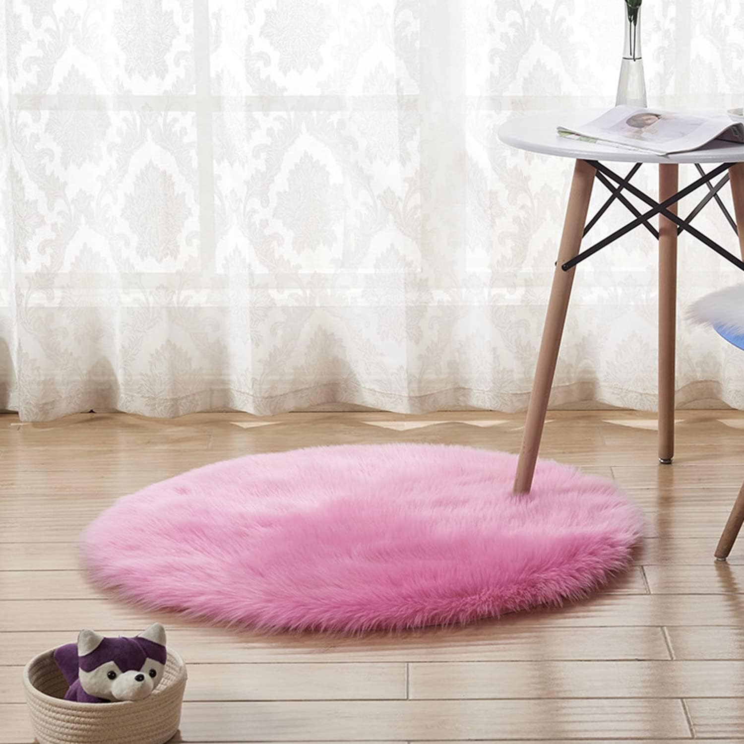 Alfombra redonda de piel sintética con círculos de color rosa y esponjosa, alfombra circular de felpa para el suelo, para dormitorio, sala de estar,