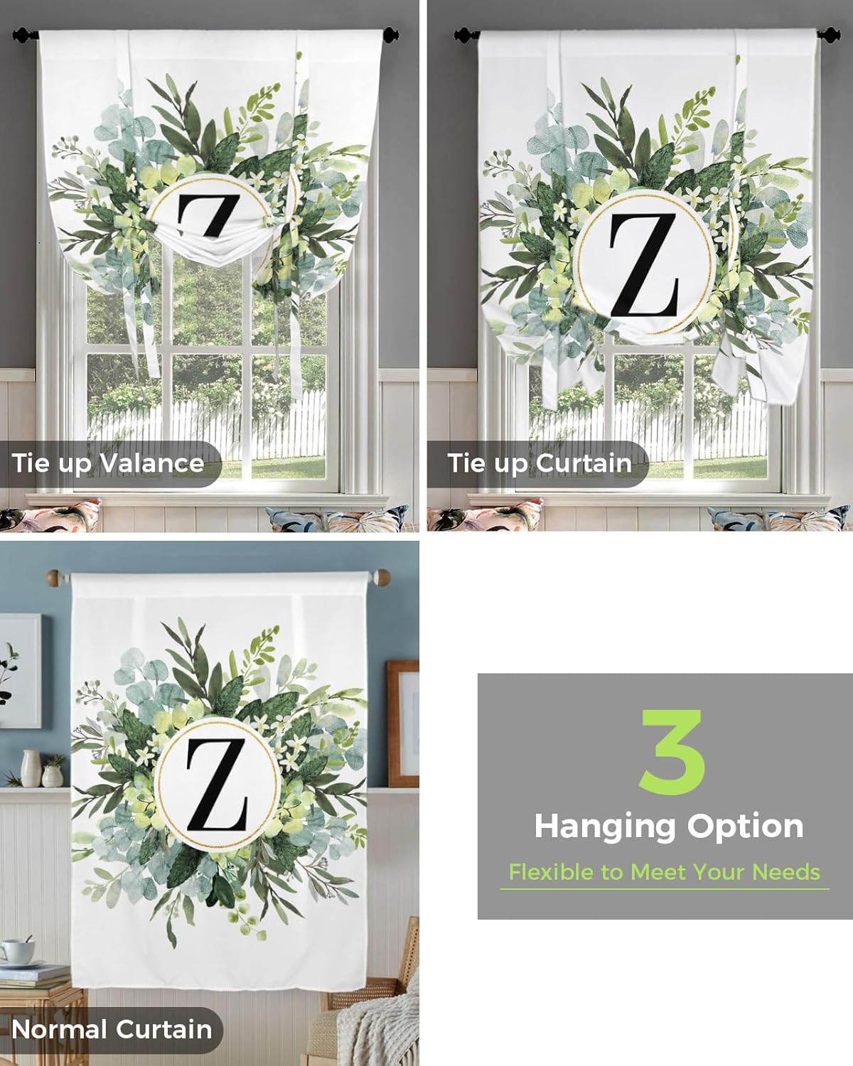 Cortinas de amarre con hojas de eucalipto para cocina, sala de estar, aislamiento térmico, ajustable, panel de bolsillo para cortinero, para ventana