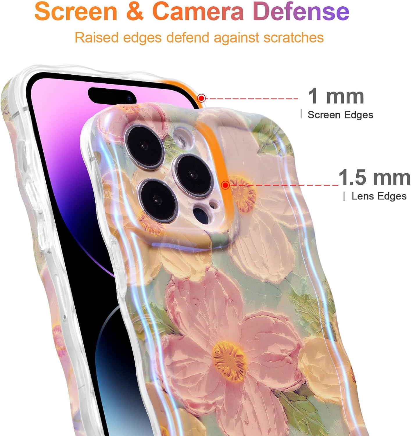 EYZUTAK Funda para iPhone 12 Pro, colorida pintura al óleo retro impresa flor láser patrón brillante lindo rizado borde exquisito teléfono cubierta
