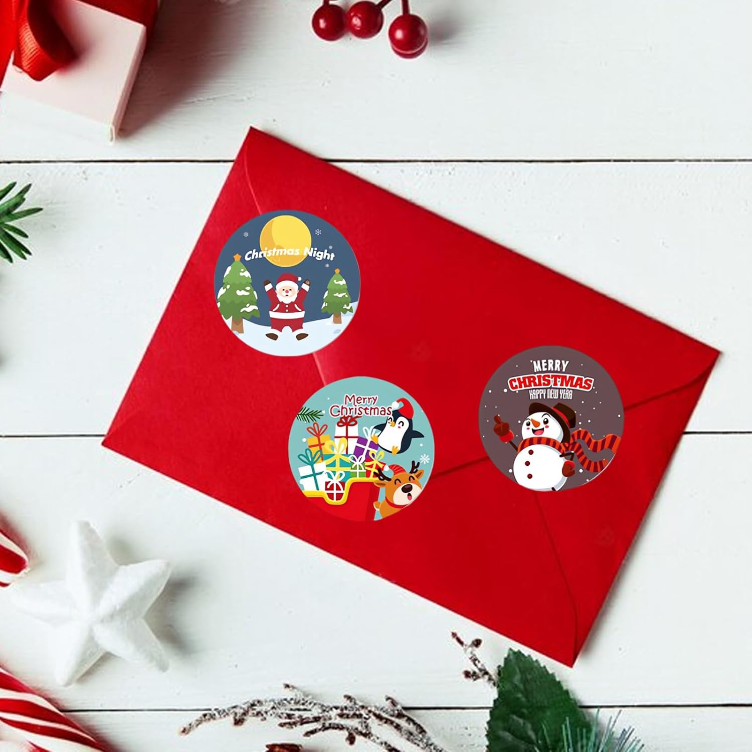 Etiquetas adhesivas de Navidad de 1.5 pulgadas, 500 unidades de 8 diseños de calcomanías de rollo de Navidad, muñeco de nieve, Papá Noel, reno,