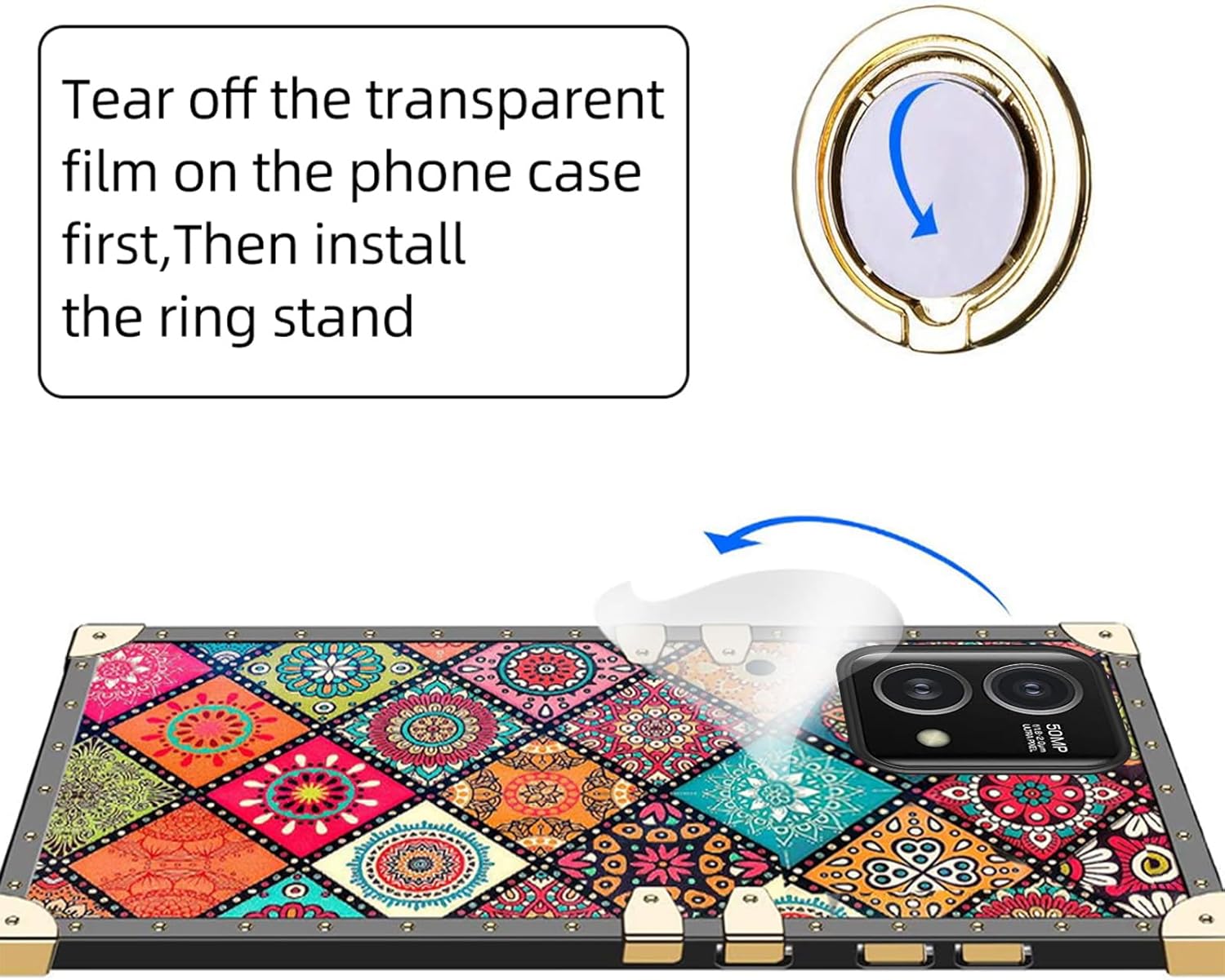 Funda cuadrada para Motorola Moto G Stylus 5G 2023 (no 20224G) con soporte de anillo, diseño de mandala retro de flores, esquinas reforzadas de