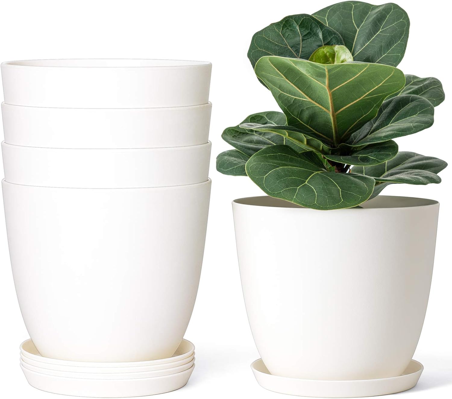 Mkono – Juego de 5 maceteros de plástico para interiores, decorativos y modernos para jardinería con orificio de drenaje y bandeja para todas las