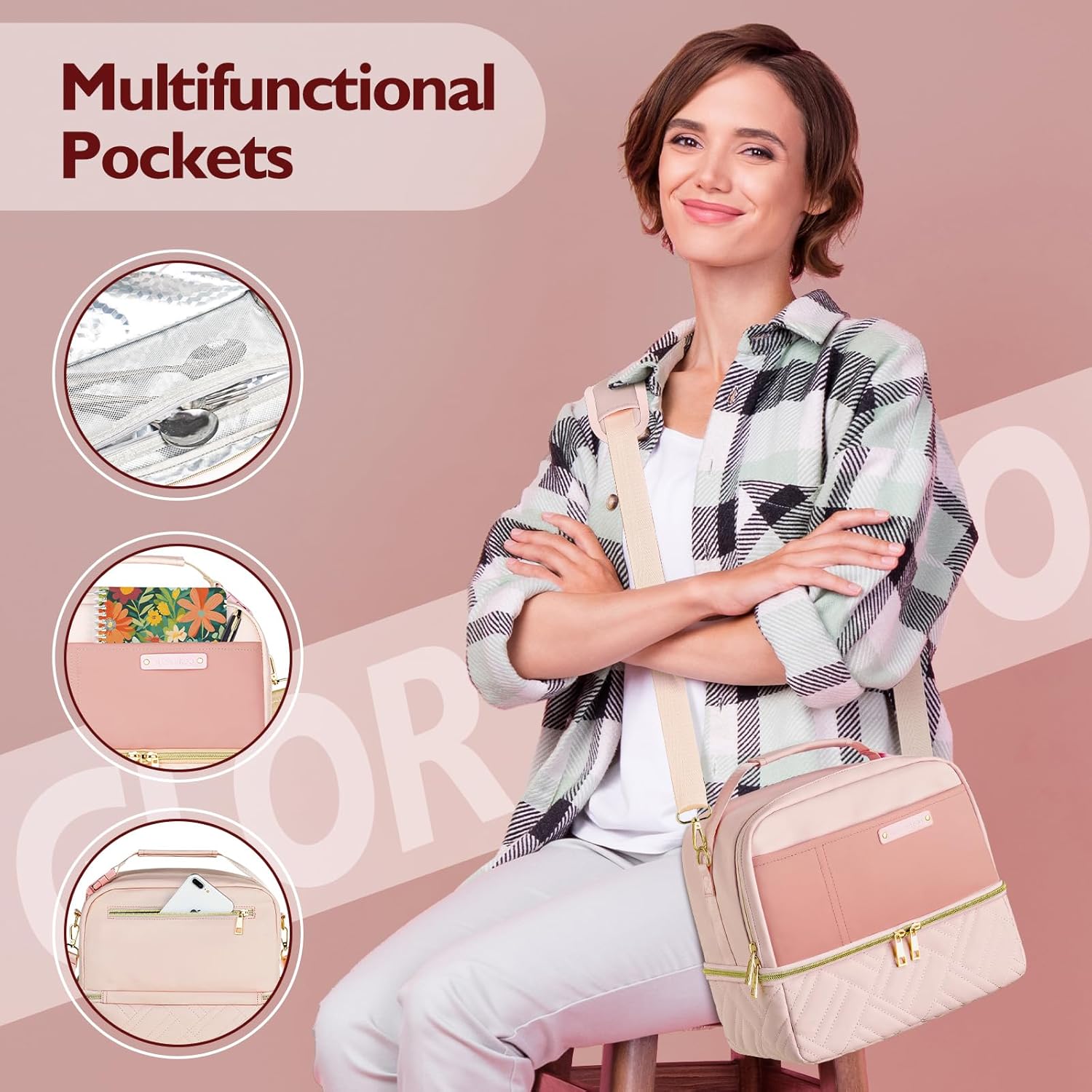 Lonchera grande para mujer, 2 niveles, de piel vegana, aislada, a prueba de fugas, impermeable, con correa extraíble, para trabajo, viajes, picnic,